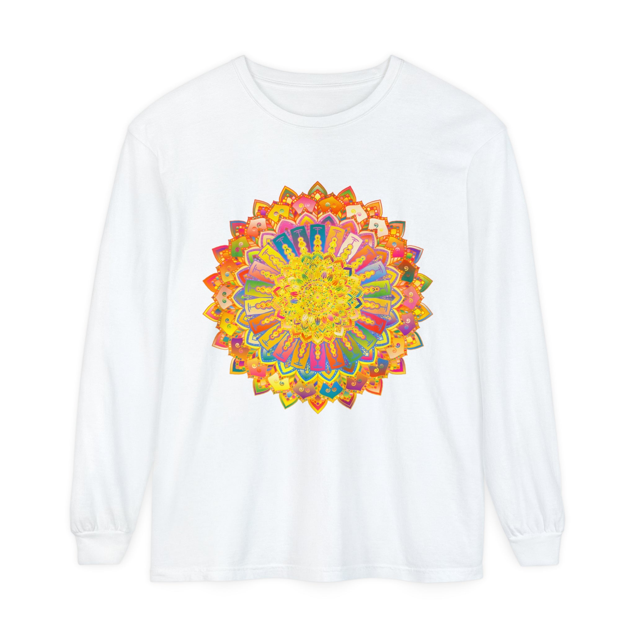 Close-up of intricate mandala design on unisex long sleeve t-shirt