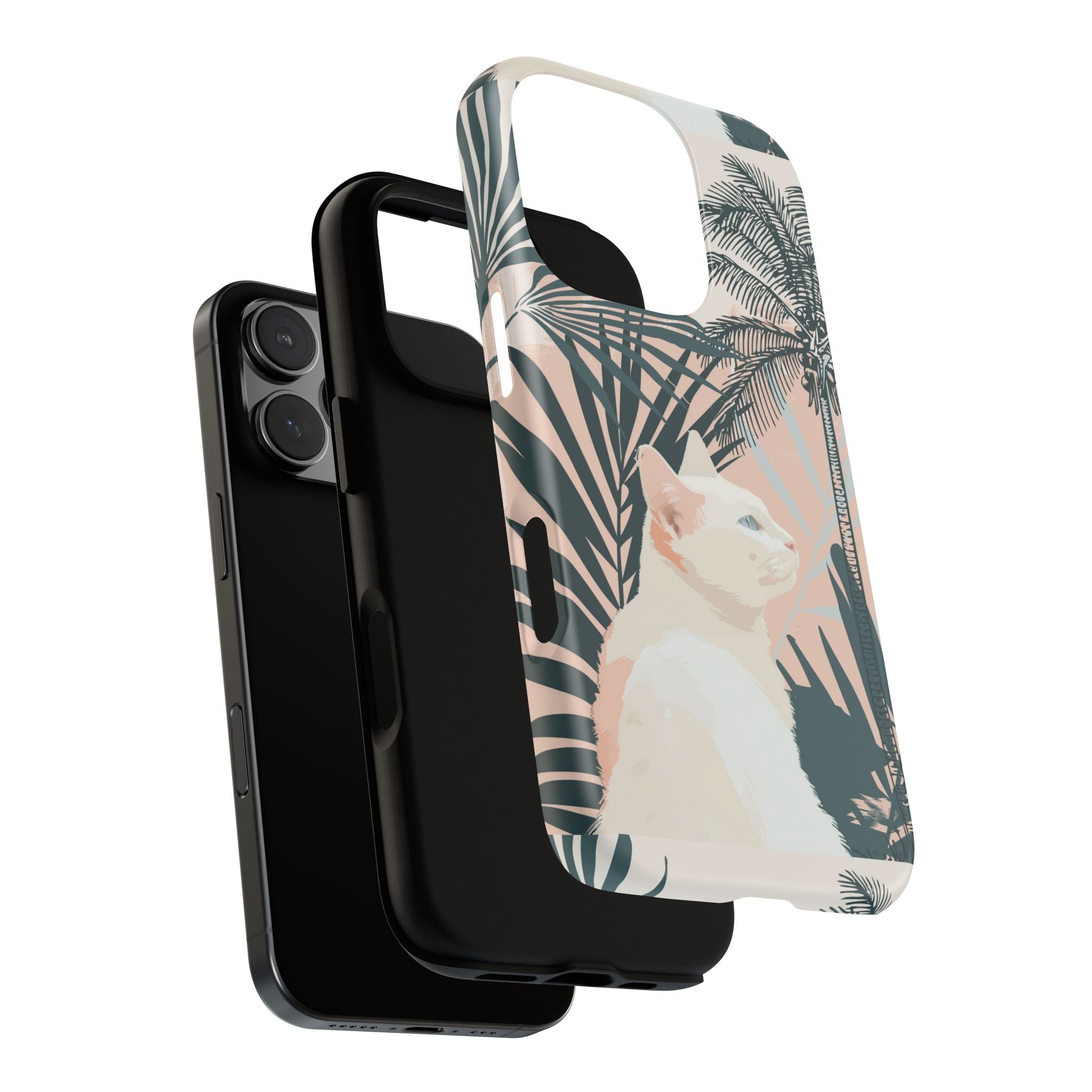 Tropical Cat Phone Case with Lush Palm Motifs and Soft Pastels