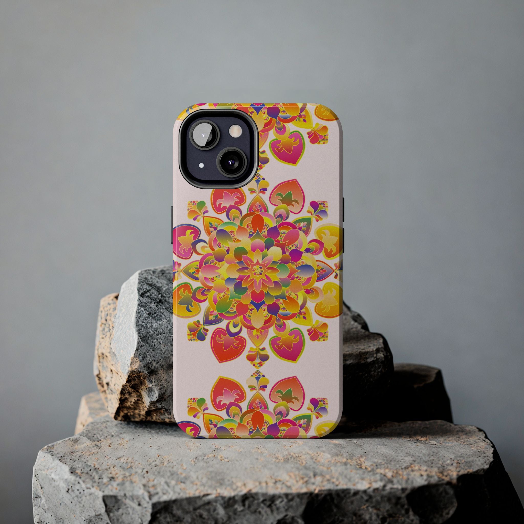 Colorful hand drawn mandala art phone case with intricate patterns and vibrant design