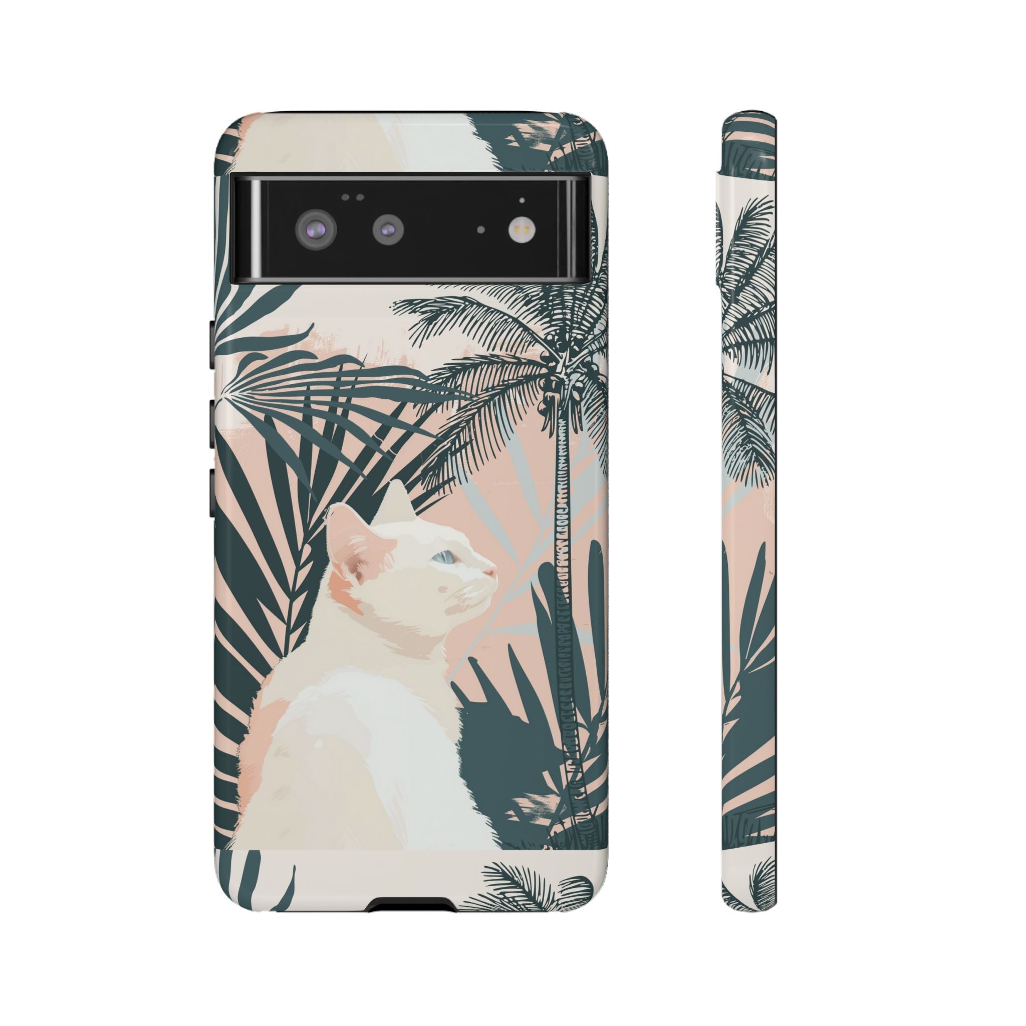 Tropical Cat Phone Case with Lush Palm Motifs and Soft Pastels