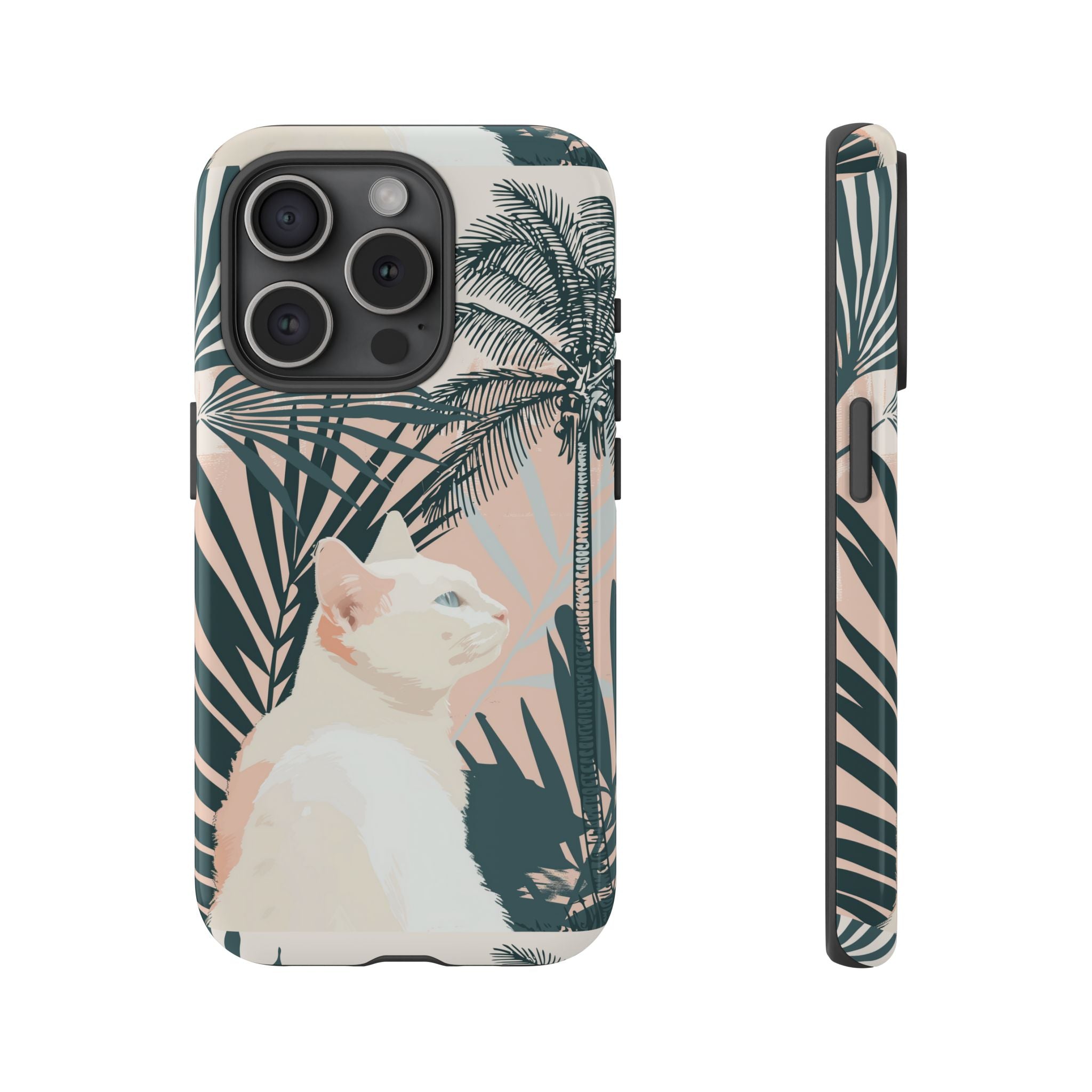 Tropical Cat Phone Case with Lush Palm Motifs and Soft Pastels