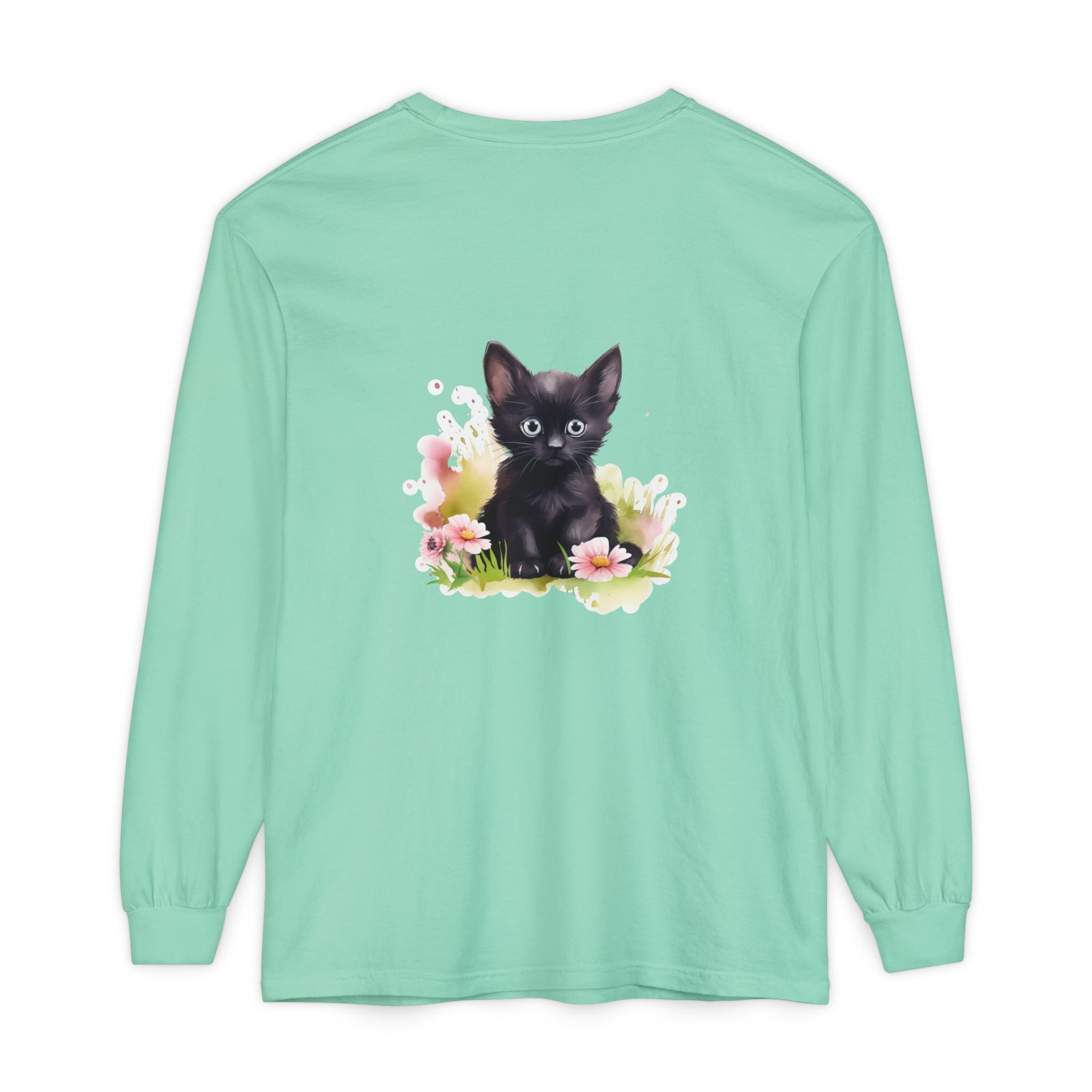 Langarmshirt | Schwarzes Kätzchen & rosa Blumen