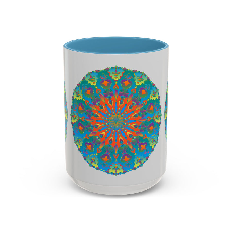 Beautiful mandala art mug with an intricate blue and green design