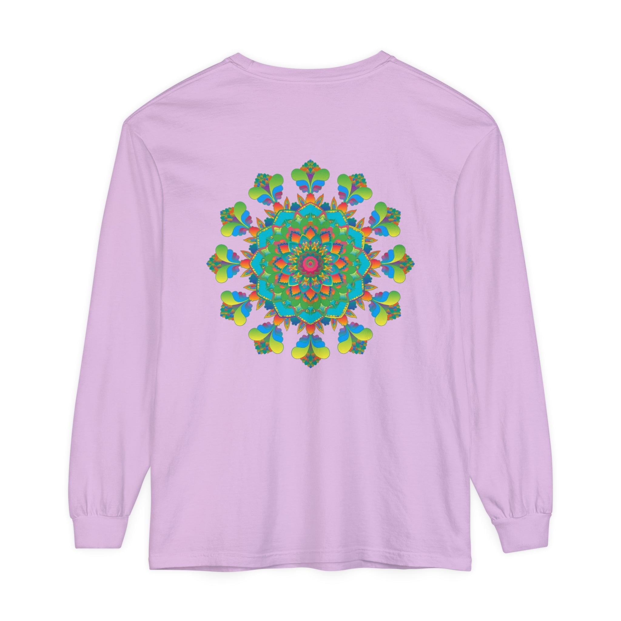 Colorful and intricate Psychedelic Mandala Tie Dye Long Sleeve T-Shirt on display