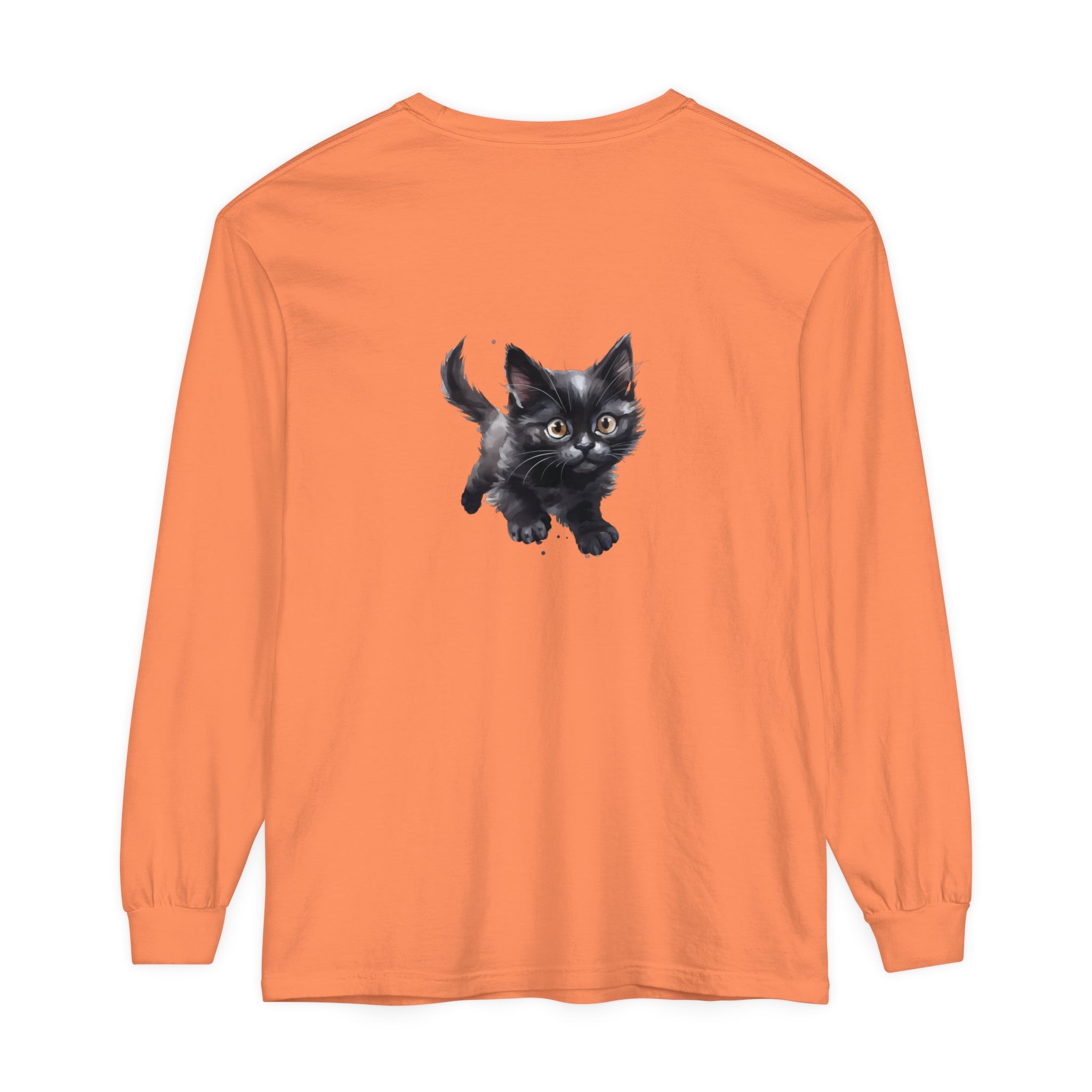 A colorful watercolor illustration of a playful kitten on a t-shirt