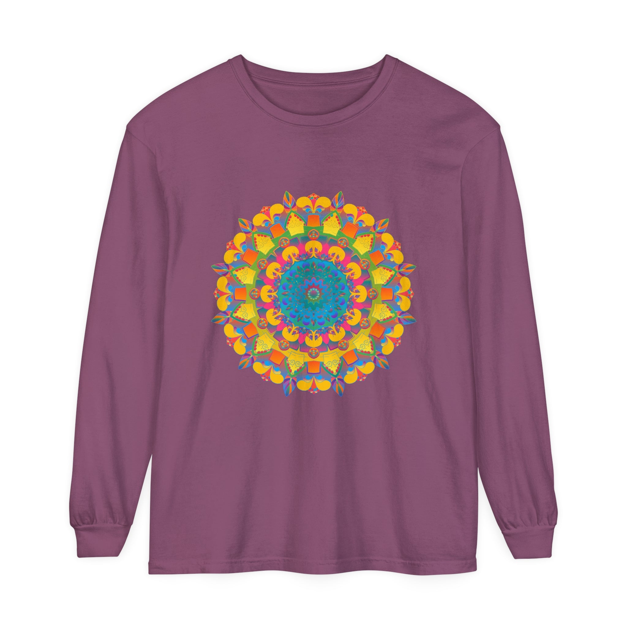 Colorful and intricate mandala design adorns this unisex long sleeve t-shirt