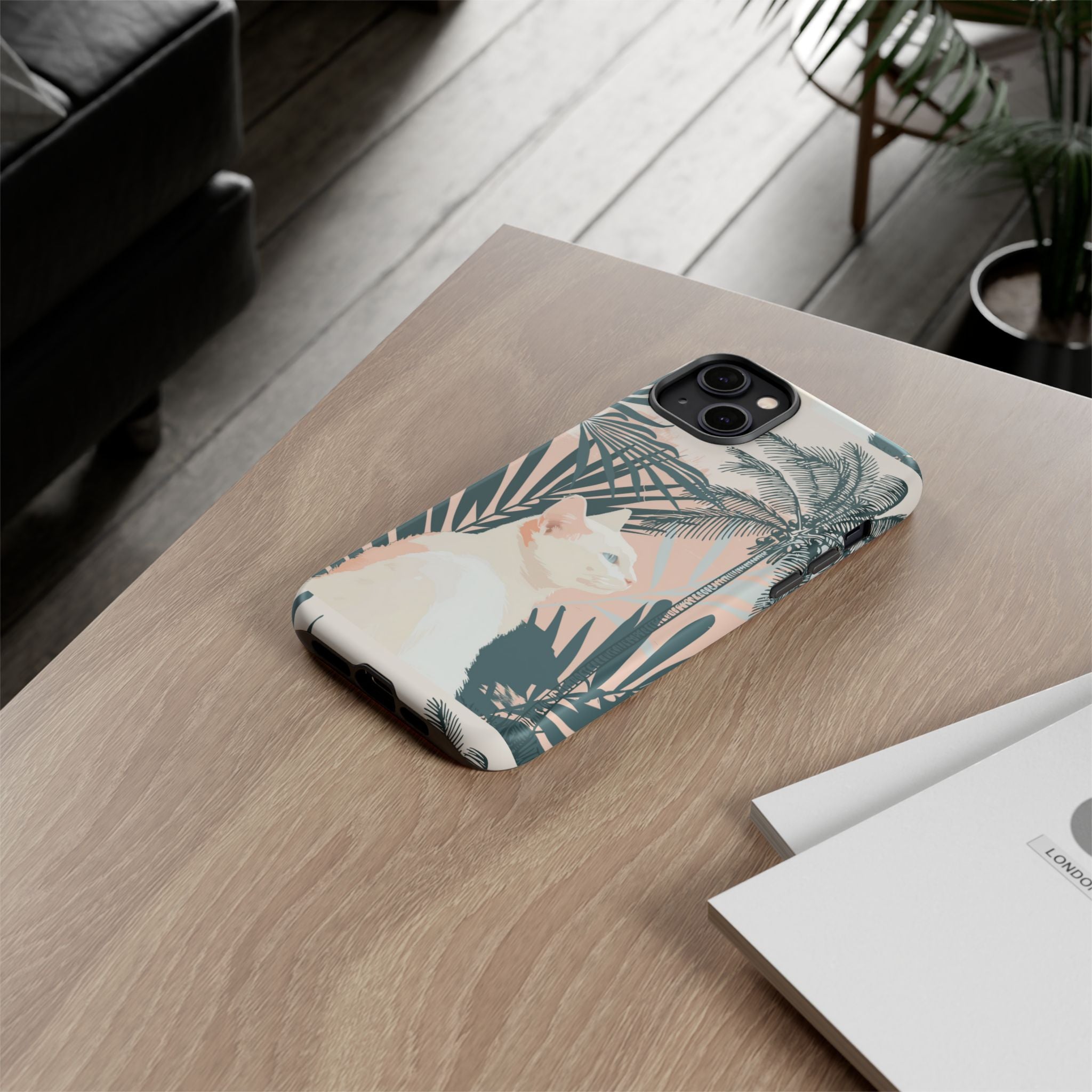 Tropical Cat Phone Case with Lush Palm Motifs and Soft Pastels