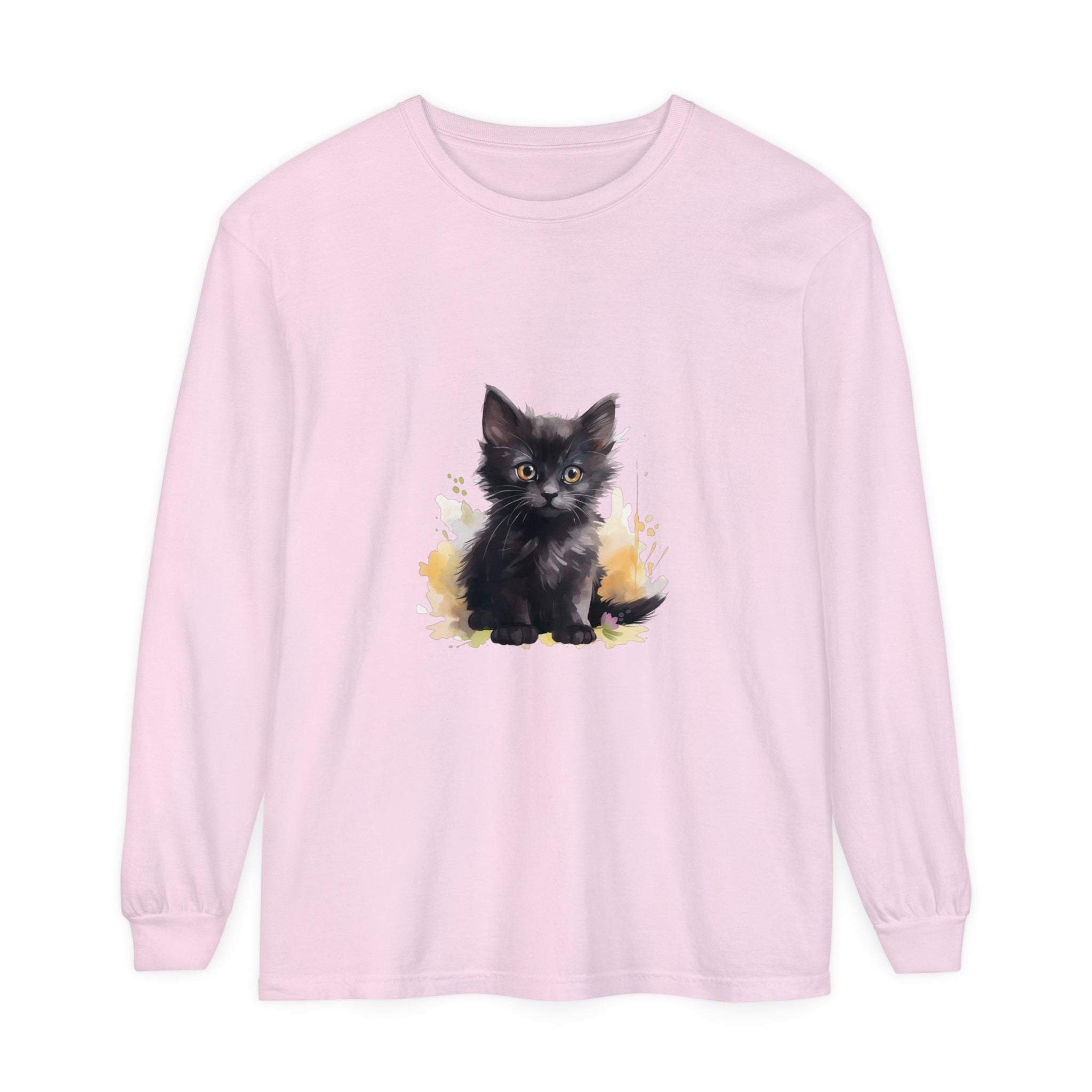 A vibrant and playful watercolor splash design featuring a black kitten on a high-quality t-shirt