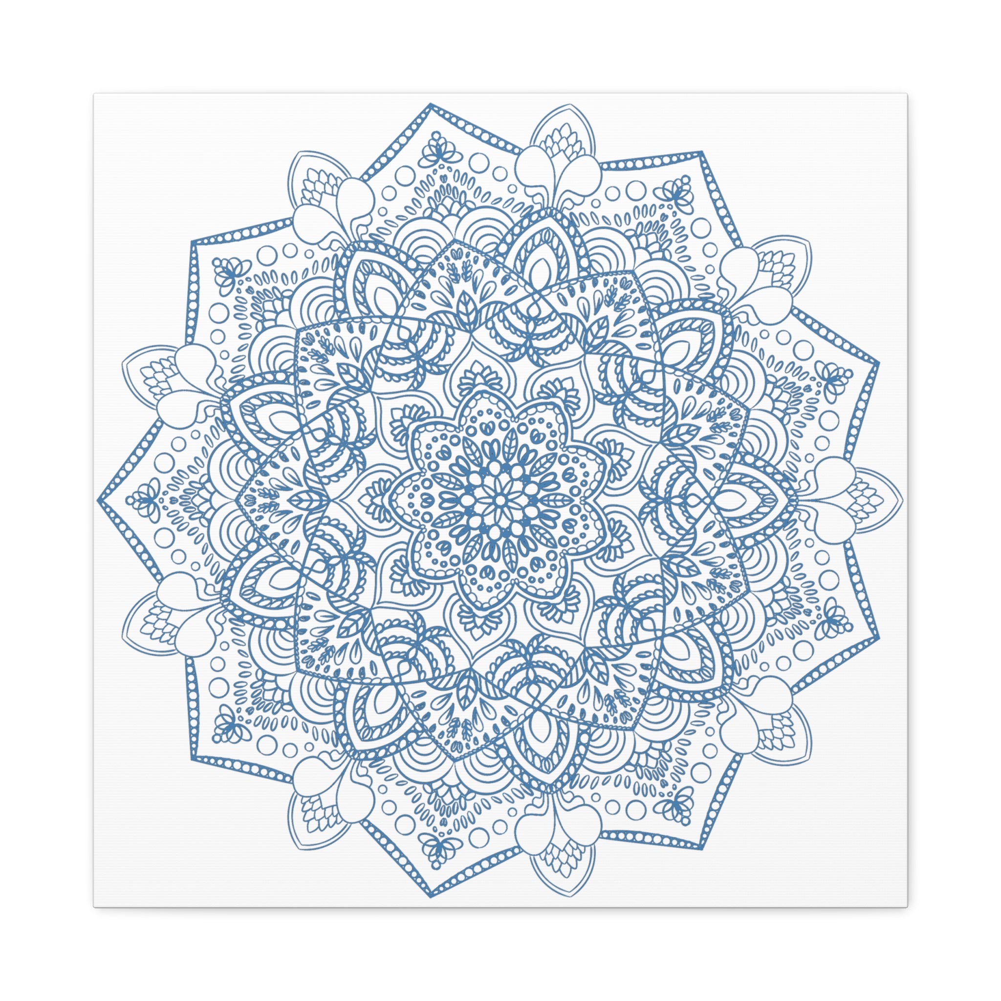 Handmade Mandala Art featuring a steel blue mandala design on matte canvas, stretched and 125 inches deep