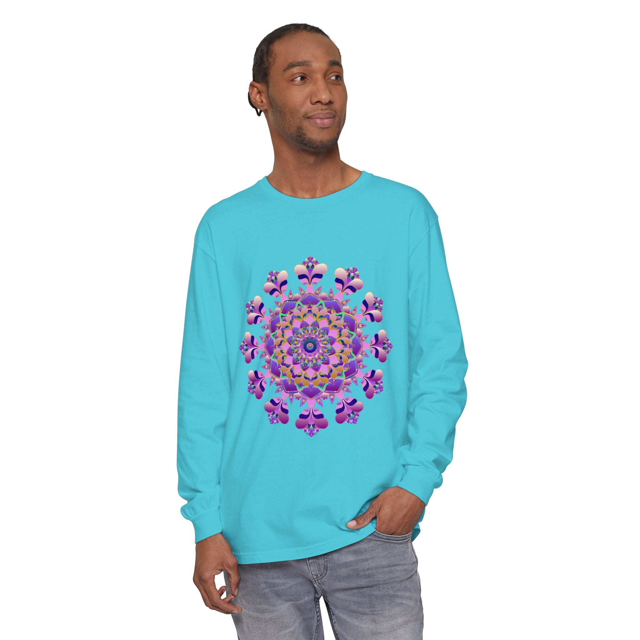 Intricate Mandala Long Sleeve T-Shirt - Unisex, featuring a detailed mandala design on a comfortable, versatile long sleeve shirt