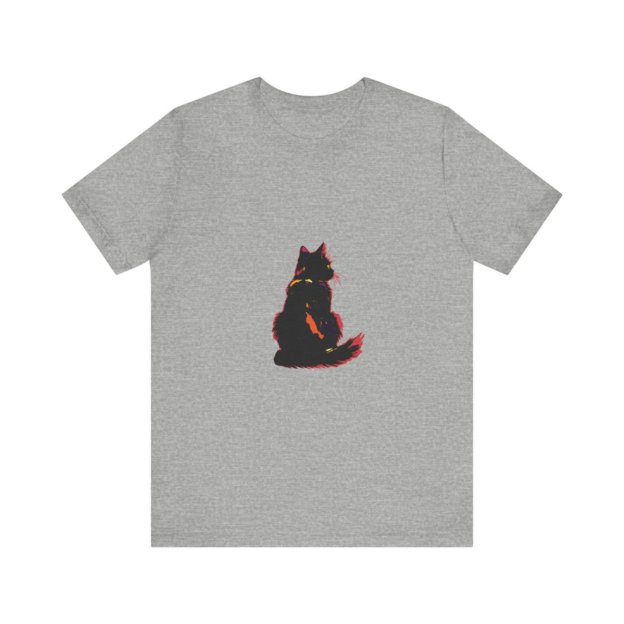 Close up of a black cat silhouette against a moonlit background on the Black Cat Mystery T-Shirt, exuding shadowy elegance and mystery