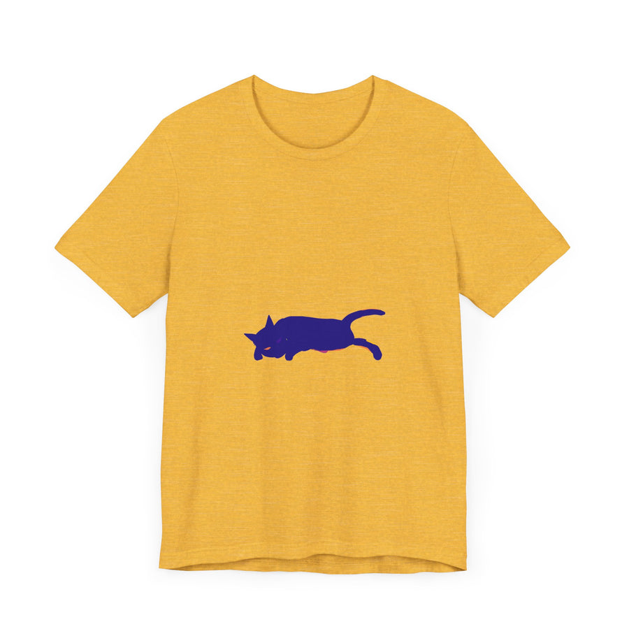 A close-up image of a soft, watercolor black cat mystery T-shirt with a unique and intricate design
