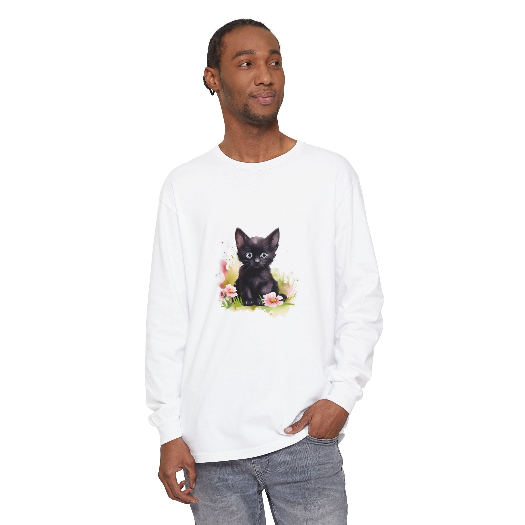 Langarmshirt | Schwarzes Kätzchen & rosa Blumen