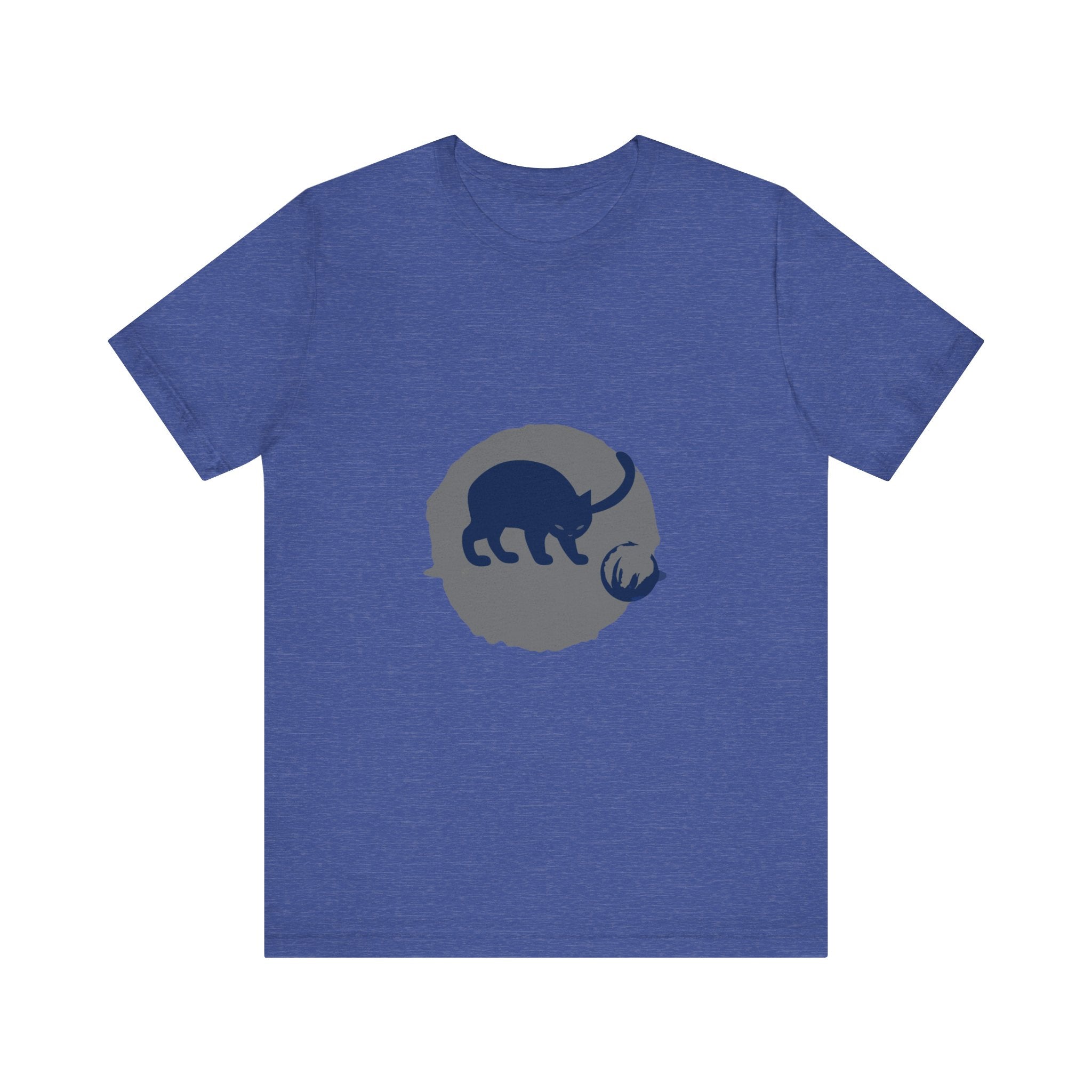 A black cat with glowing yellow eyes and a mischievous expression in a playful silhouette against a moonlit background, featured on a mystery-themed t-shirt