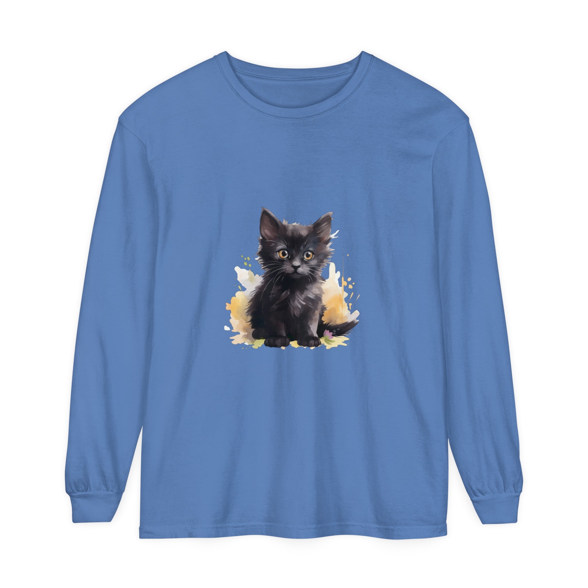 A fashionable black kitten watercolor splash t-shirt with a unique design
