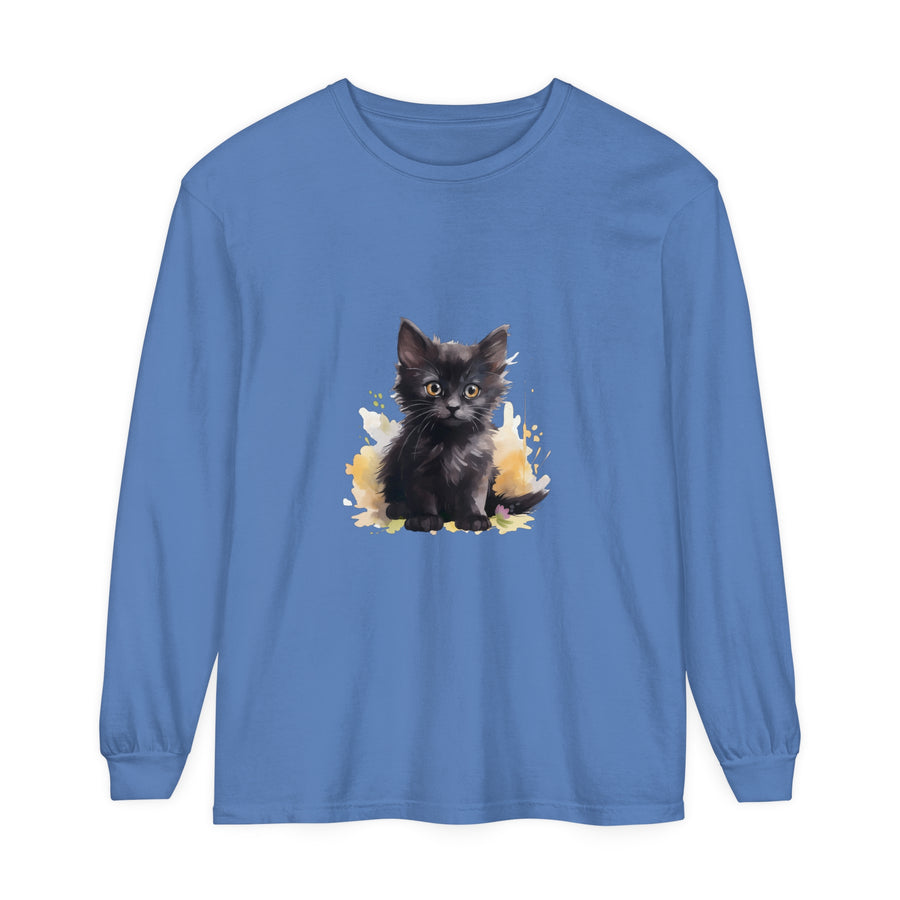 A fashionable black kitten watercolor splash t-shirt with a unique design