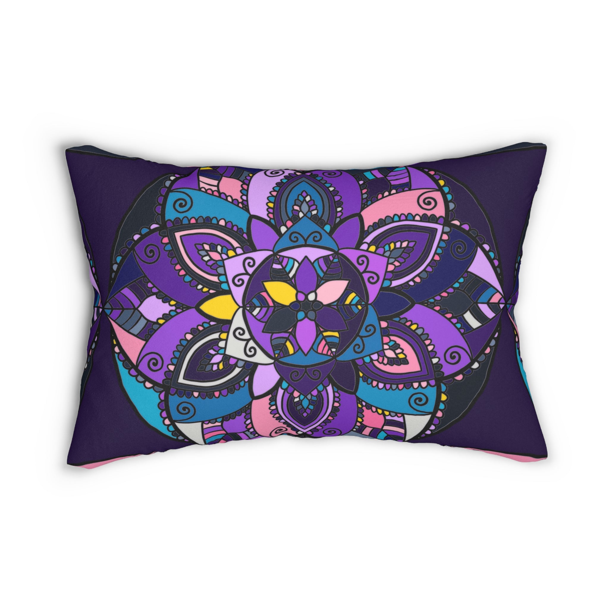 Cuscino lombare Mandala — Cuscino decorativo Mandala floreale bohémien (viola, rosa e verde acqua)