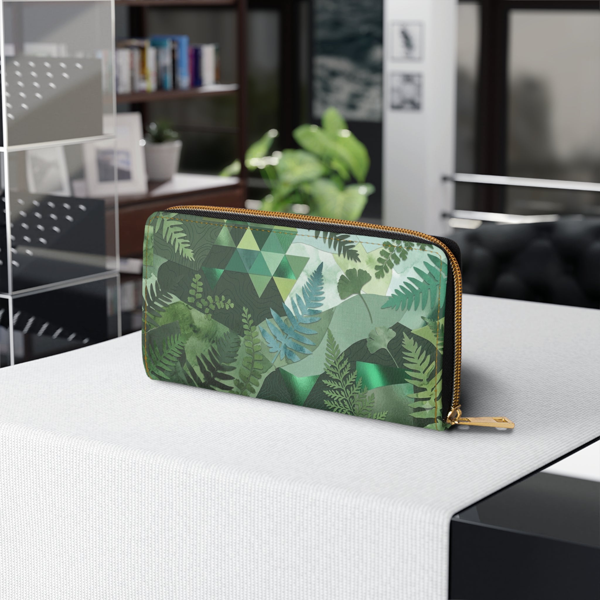 Green Fern Zip Wallet — Botanical Geometric Zippered Wallet