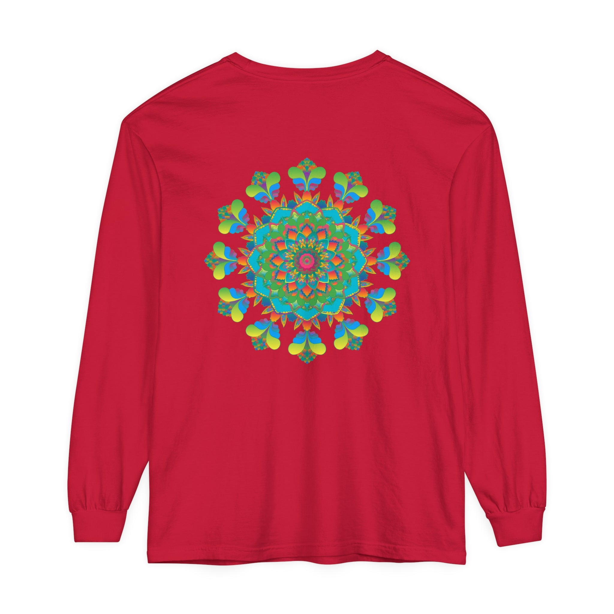 Vibrant and colorful long sleeve tie dye t-shirt with psychedelic mandala design
