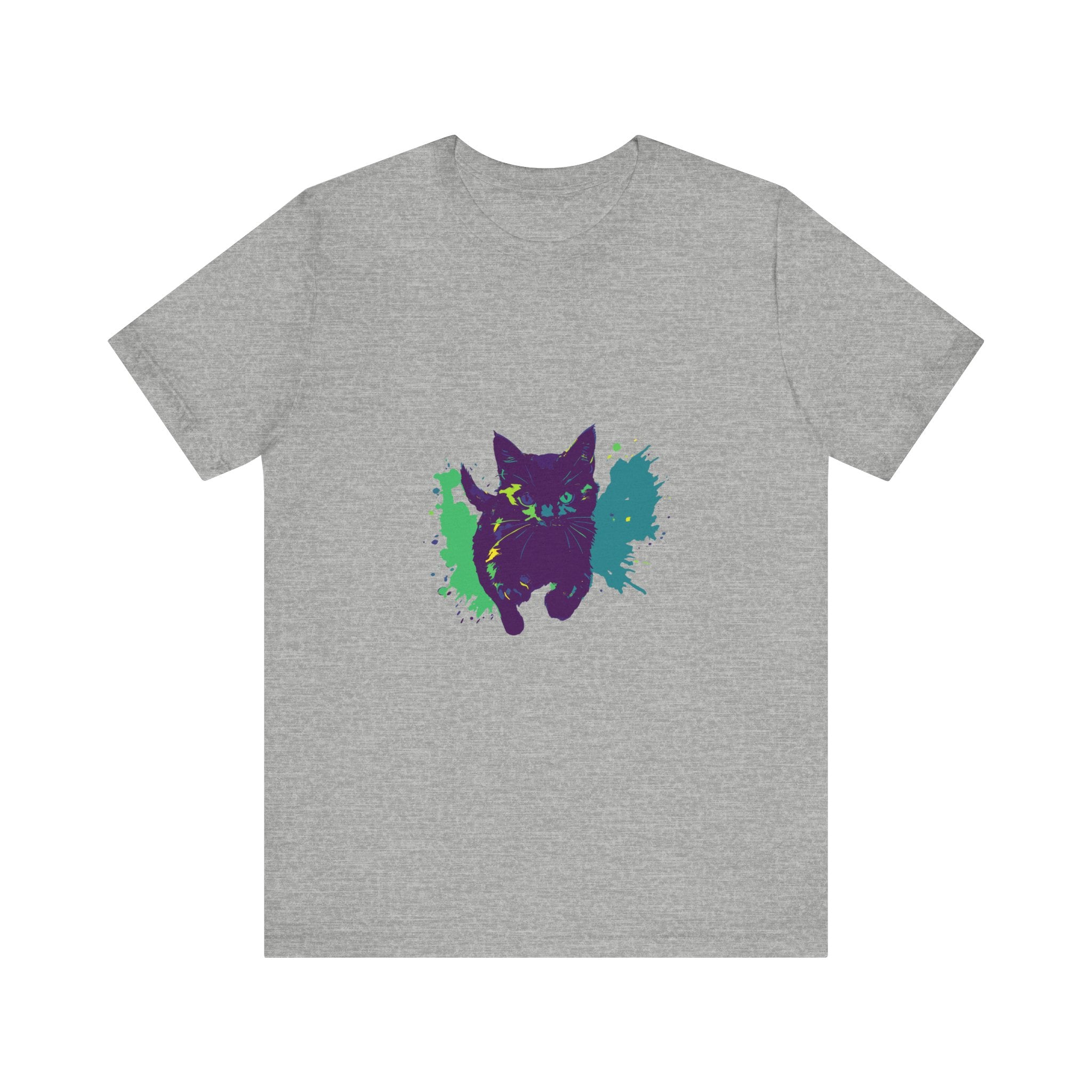 A close-up image of a Black Cat Mystery - Colorful Splash T-Shirt with vibrant hues and a unique design, perfect for adding a pop of color to any casual outfit