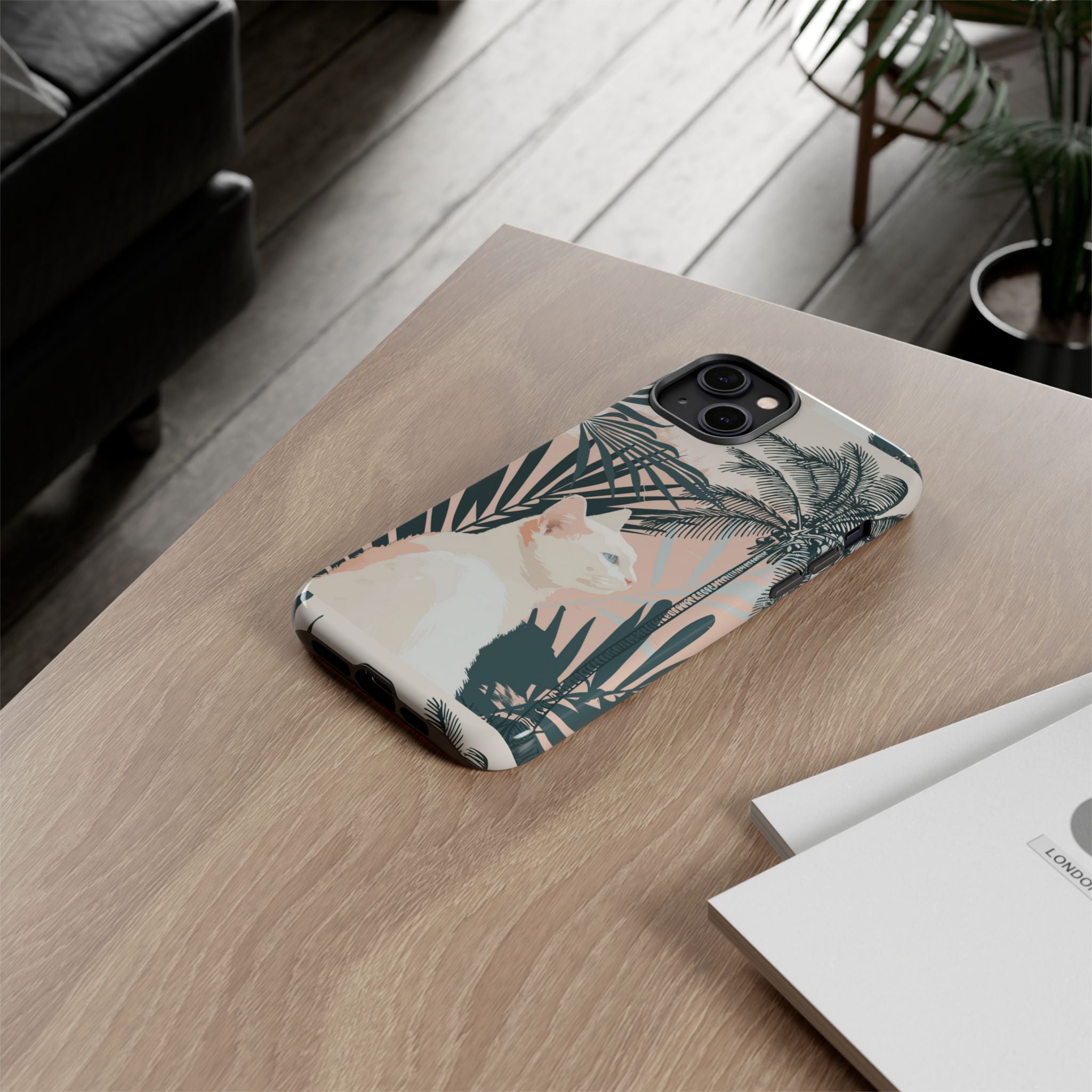 Tropical Cat Phone Case with Lush Palm Motifs and Soft Pastels