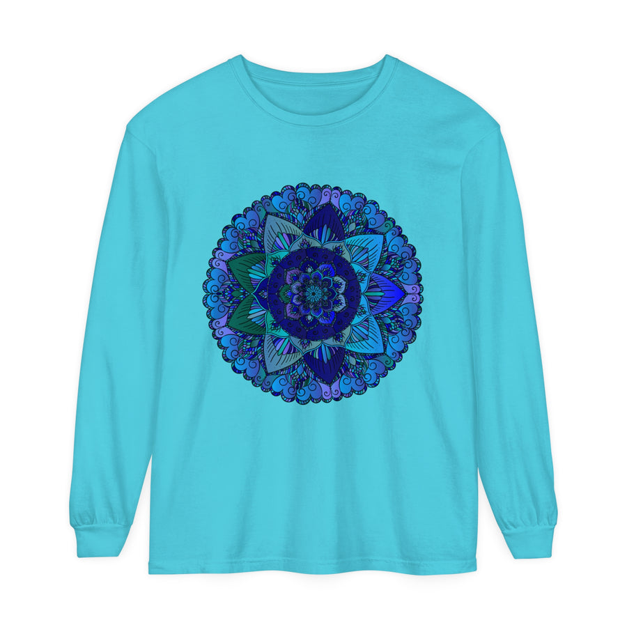 Dark blue and green mandala long sleeve t-shirt with intricate design