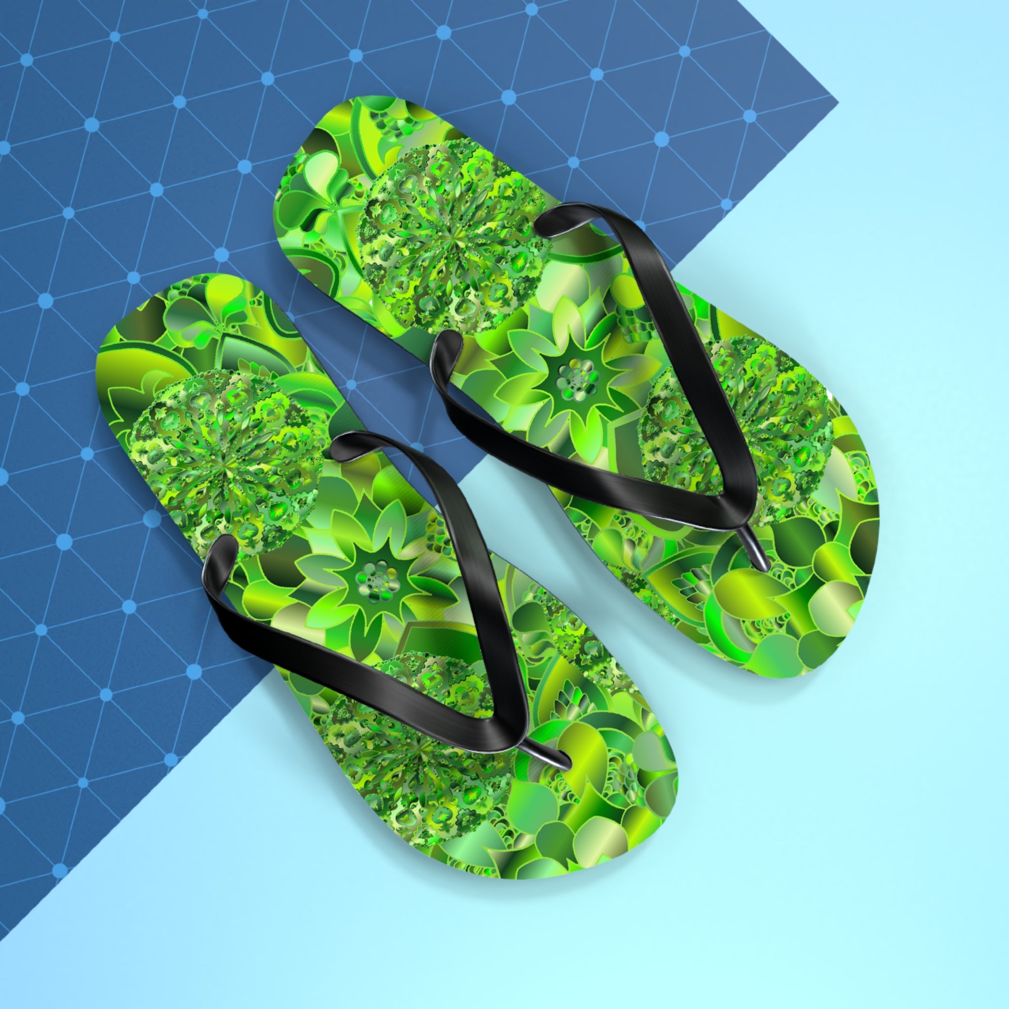 Green Kaleidoscope Flip Flops – Tropical Floral Beach Sandals