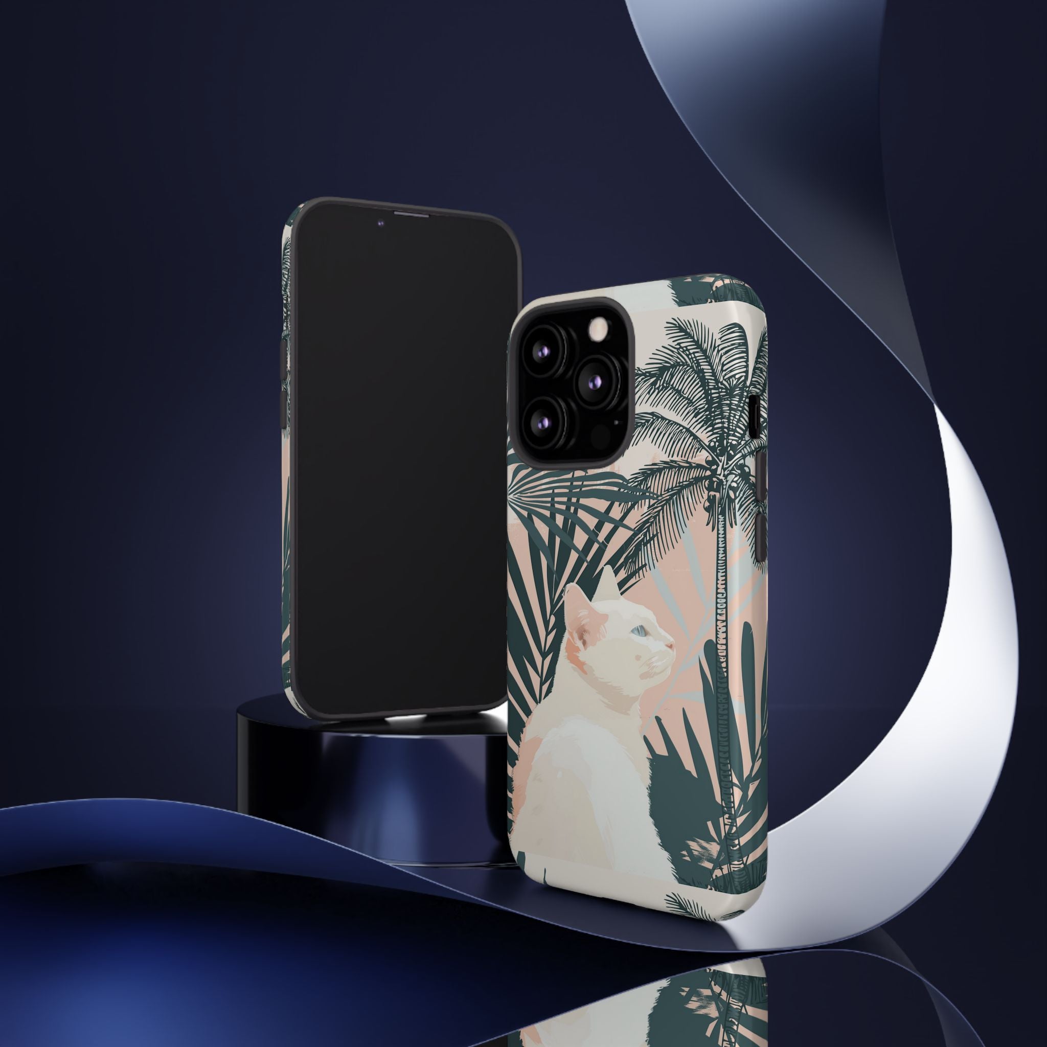 Tropical Cat Phone Case with Lush Palm Motifs and Soft Pastels