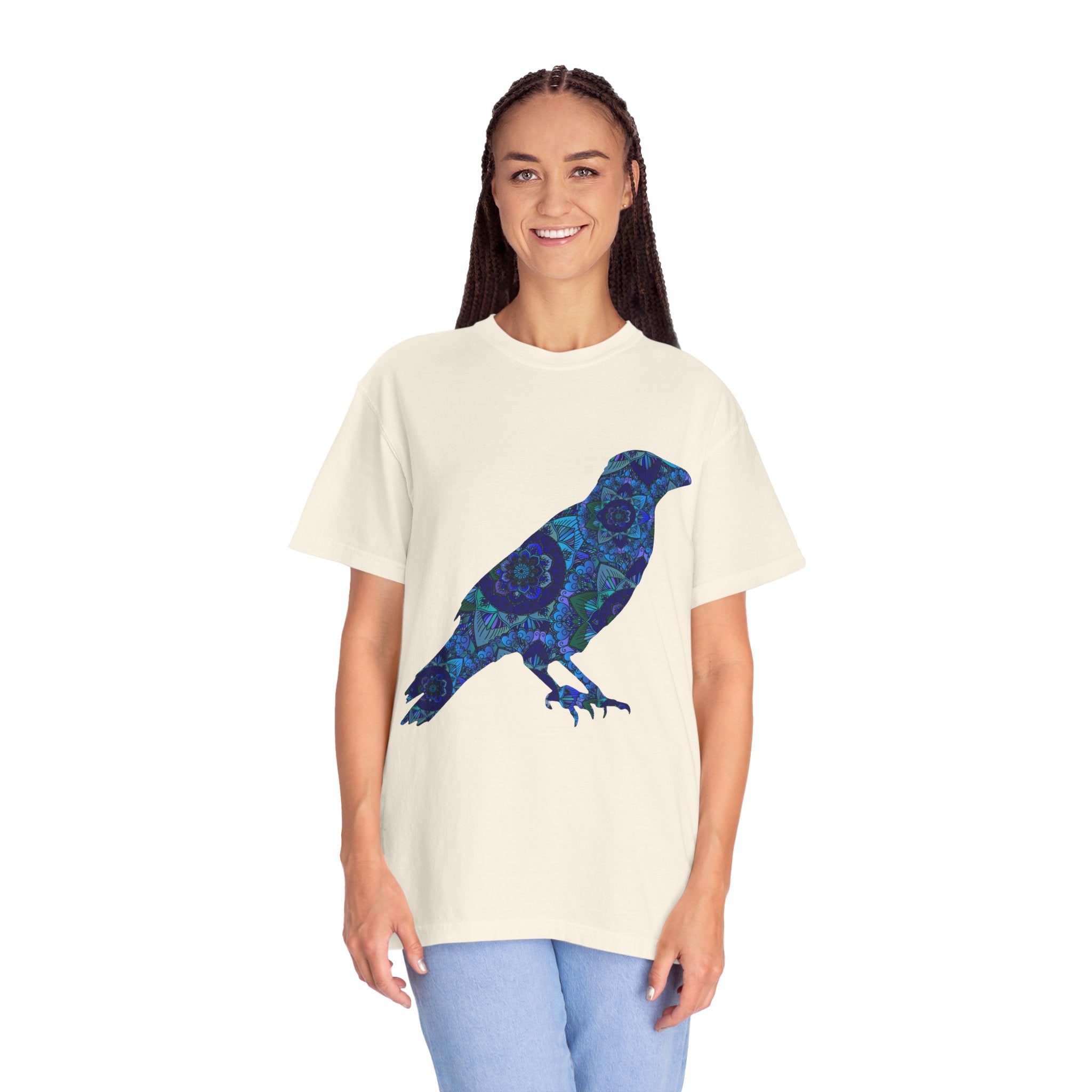 Maglietta con stampa corvo mandala blu — Maglietta grafica con corvo Inner Protection