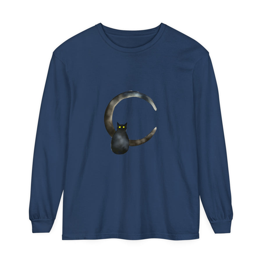 Black Cat Crescent Moon T-Shirt featuring a cute feline silhouette against a night sky