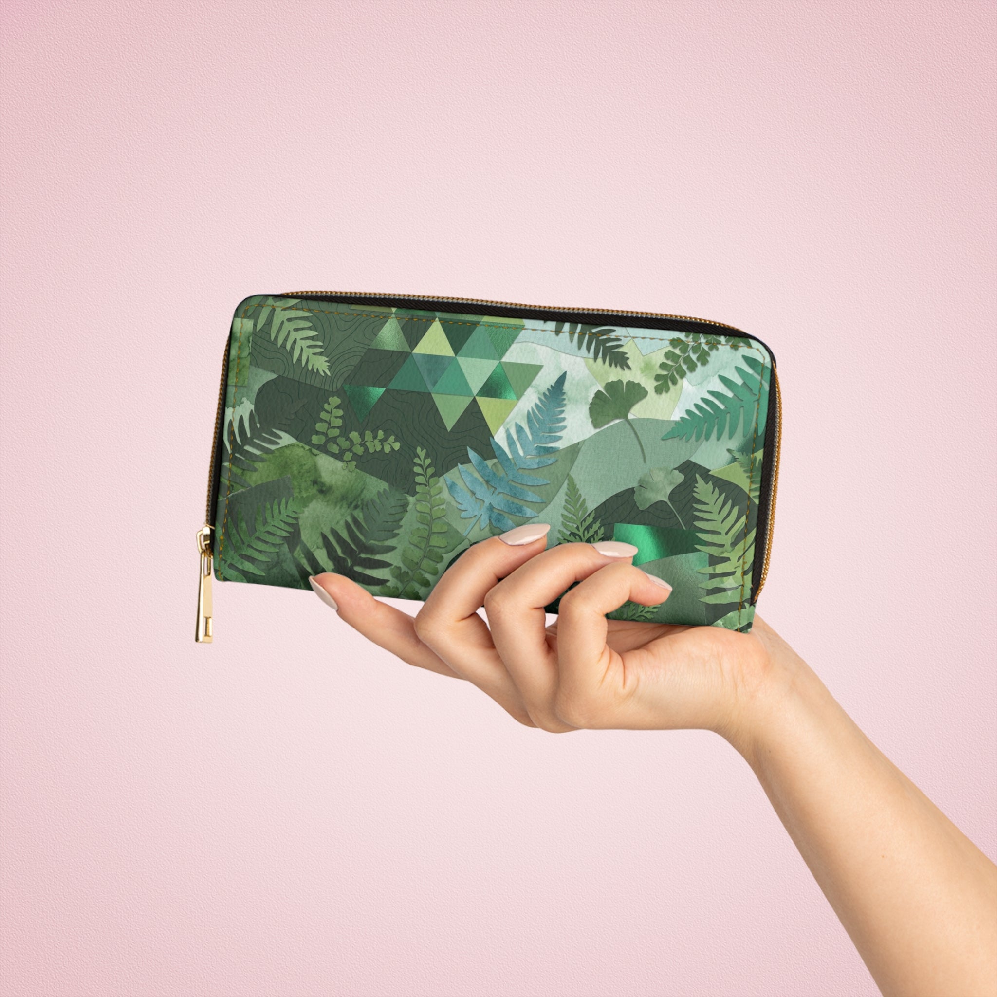 Green Fern Zip Wallet — Botanical Geometric Zippered Wallet