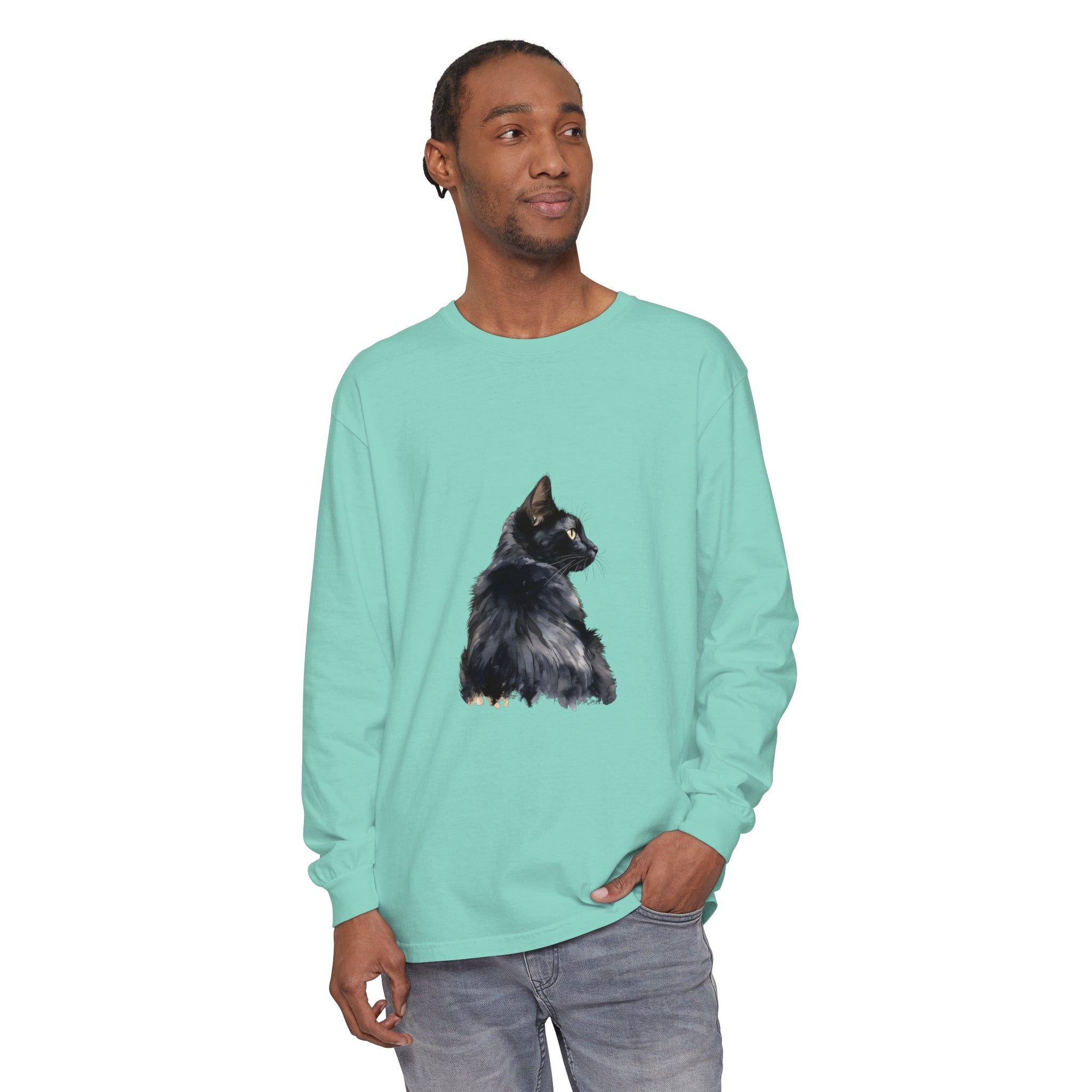 Black Cat Watercolor Long Sleeve T-Shirt featuring a vibrant watercolor print of a black cat on a comfortable long sleeve shirt