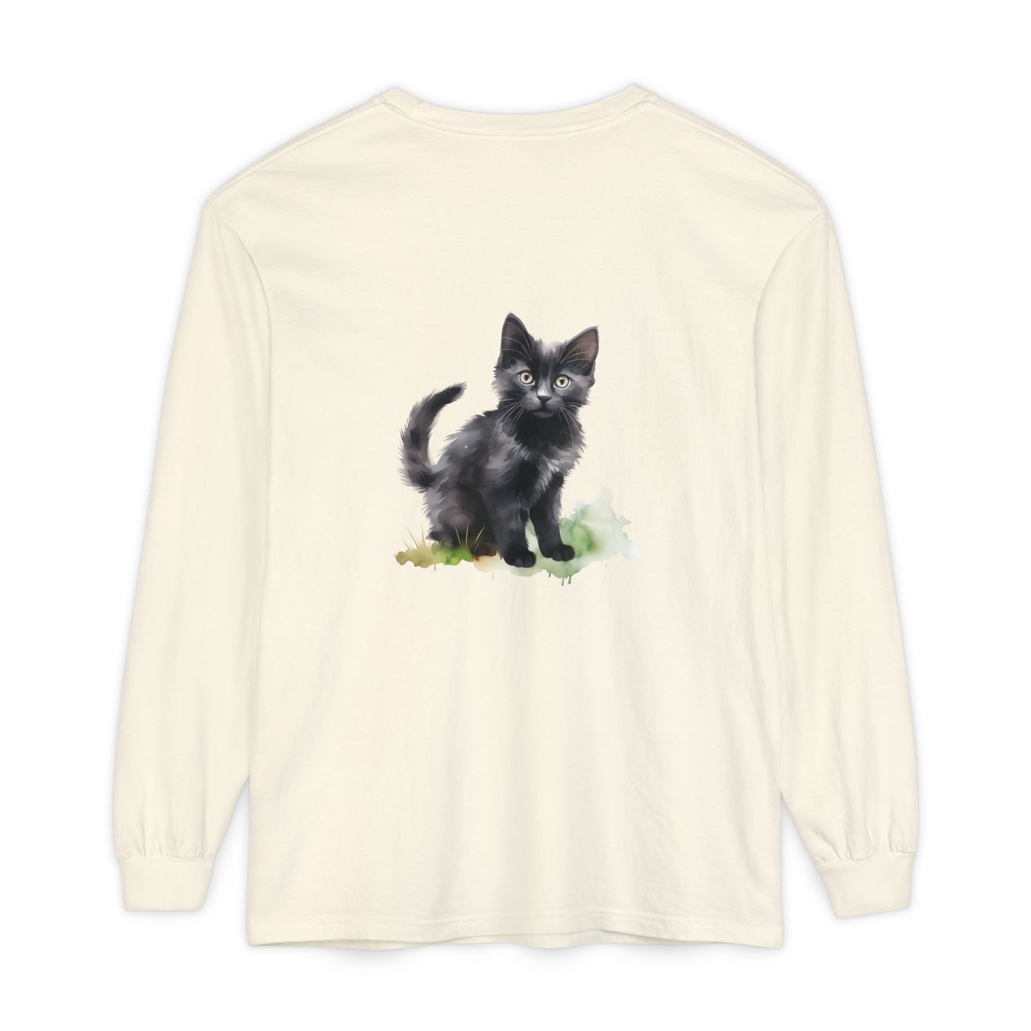 Maglietta a maniche lunghe con gatto nero e acquerello