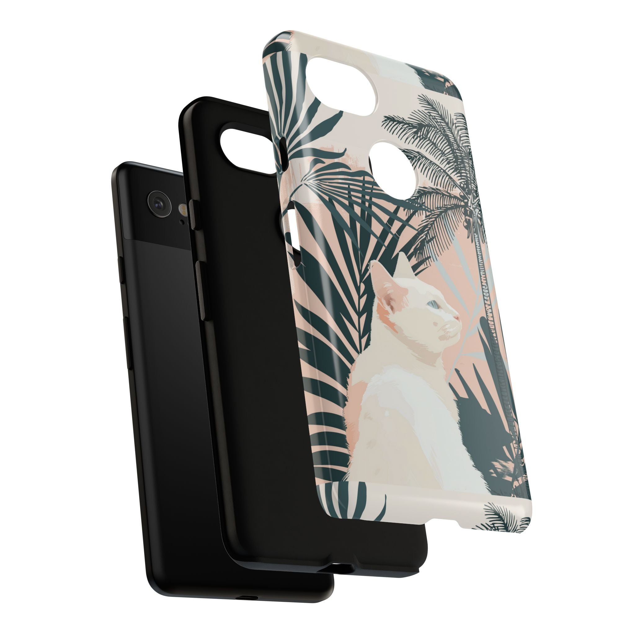 Tropical Cat Phone Case with Lush Palm Motifs and Soft Pastels