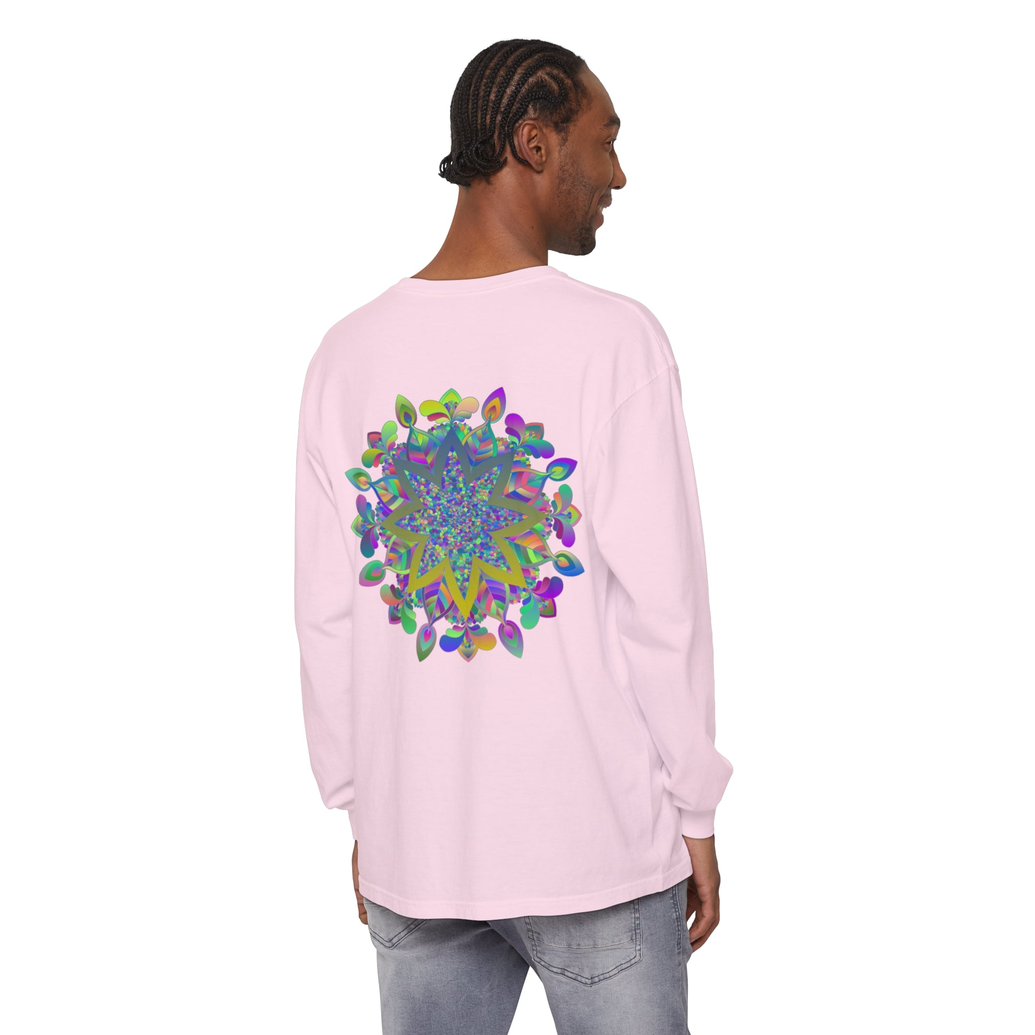 Colorful Mandala Unisex Long Sleeve T-Shirt featuring intricate, vibrant mandala design