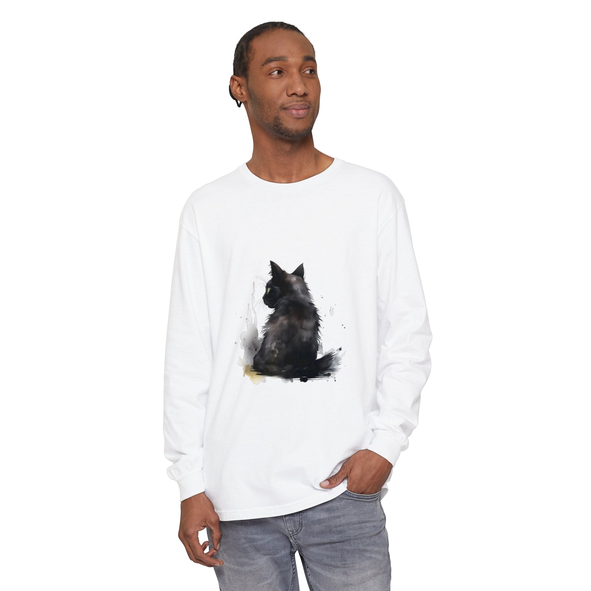 Black Cat Watercolor Dream long sleeve t-shirt featuring a vibrant watercolor-style illustration of a black cat against a dreamy background