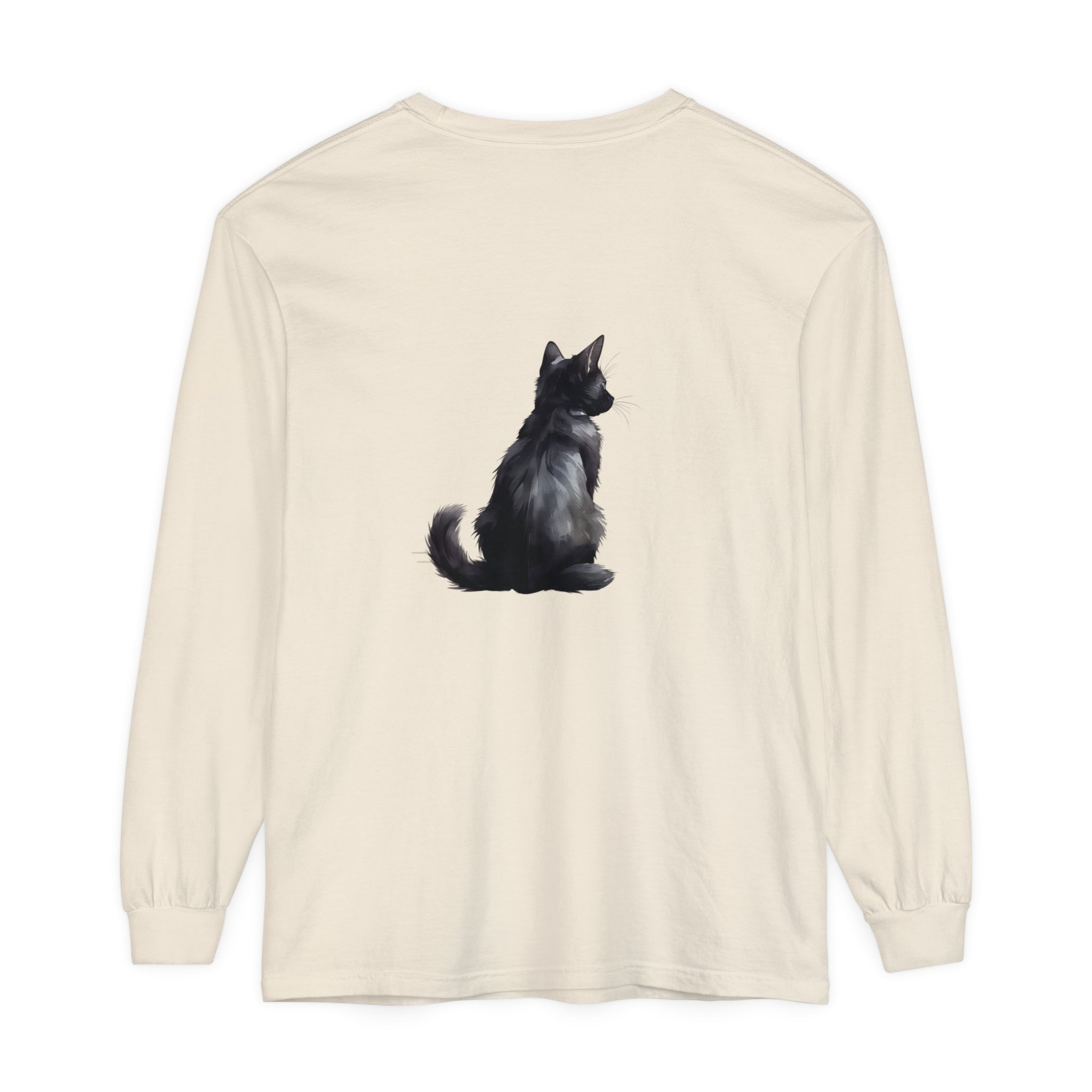 Black Cat Mystery unisex long sleeve tee in black, featuring a mysterious black cat design, perfect for adding a touch of intrigue to your wardrobe