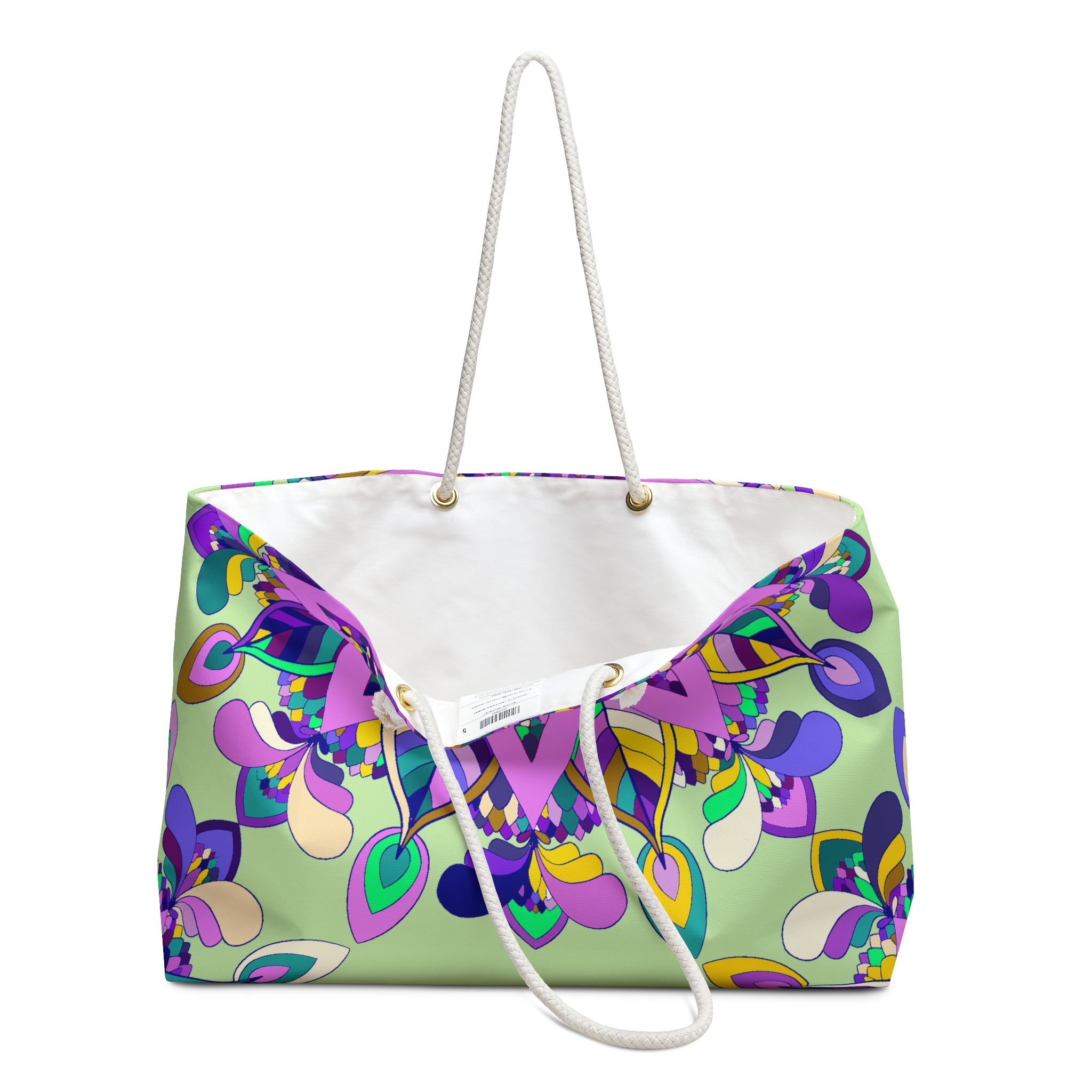 Wochenendtasche im Blumenstil in sanften Grün- und Lilatönen