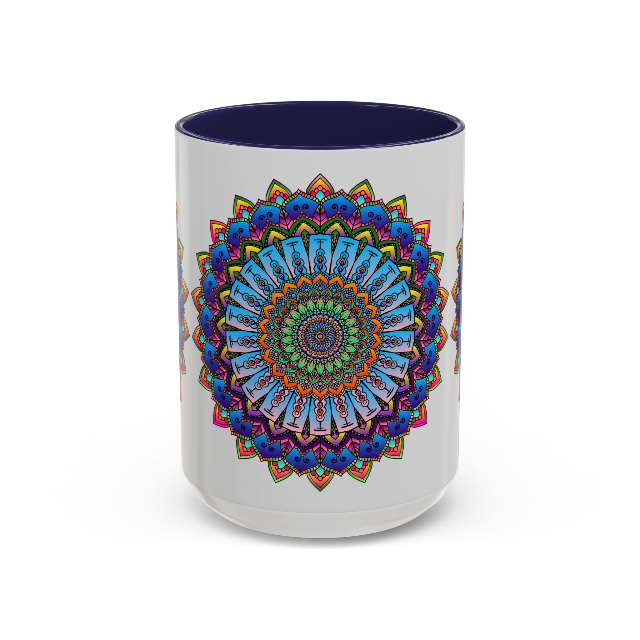 Colorful and intricate mandala artwork on a grey background mug