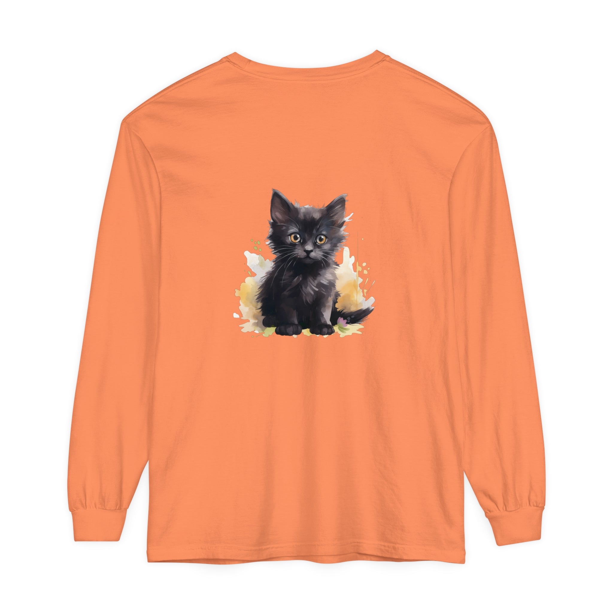 Black Kitten Watercolor Splash T-Shirt with cute cat design on front