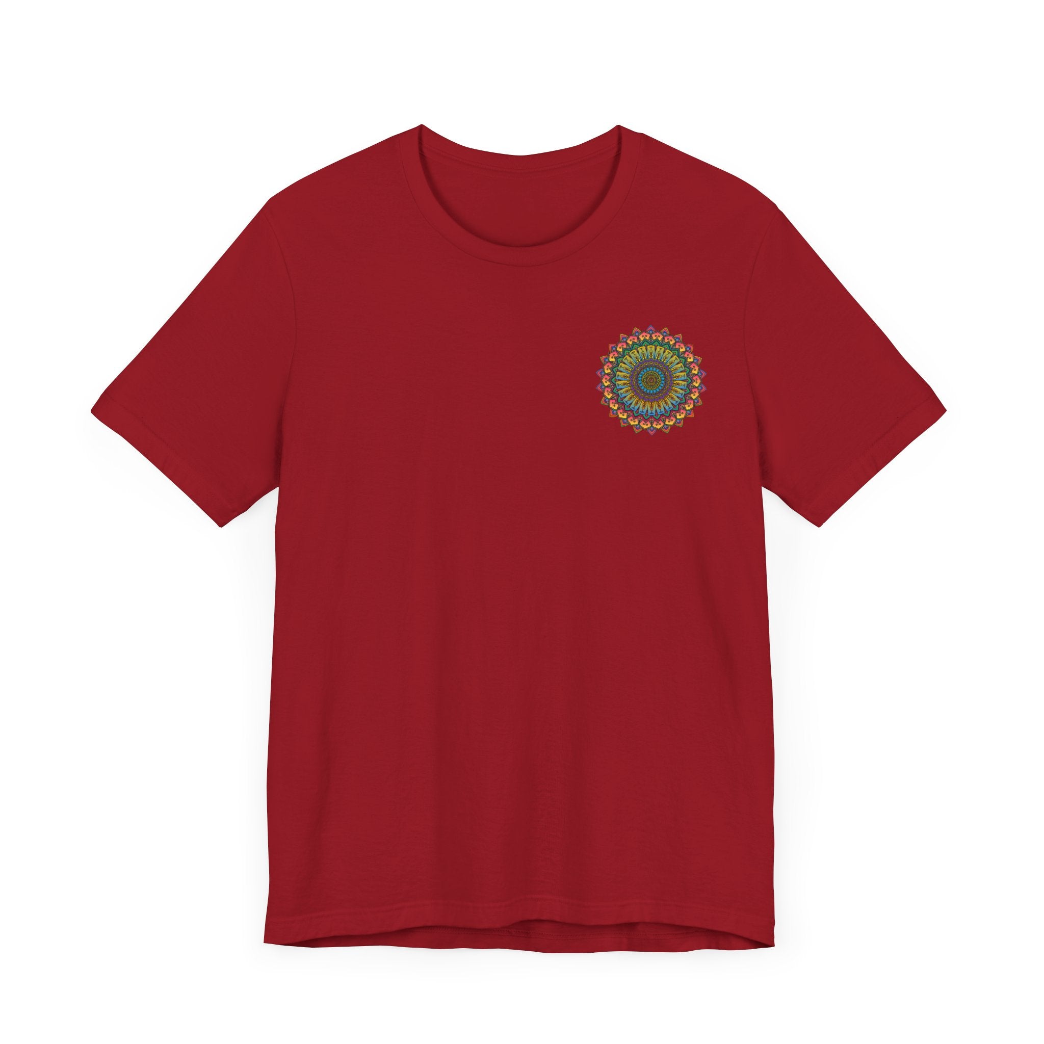 Smiling woman wearing Vibrant Mandala Tee - Spiritual Peace & Harmony shirt in nature setting