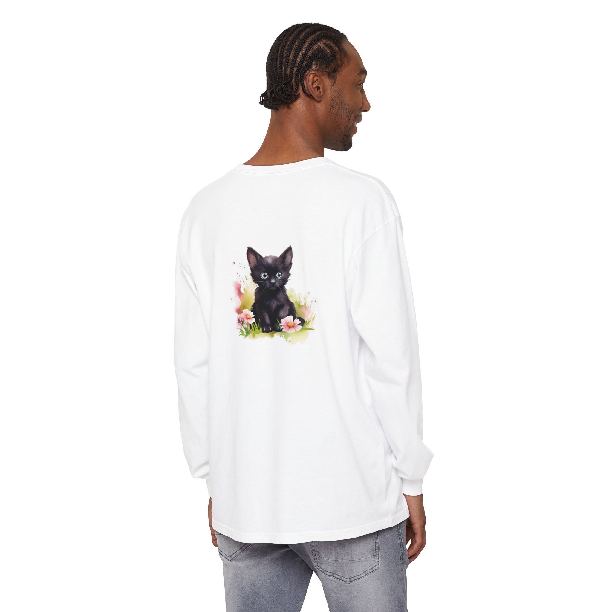 Langarmshirt | Schwarzes Kätzchen & rosa Blumen