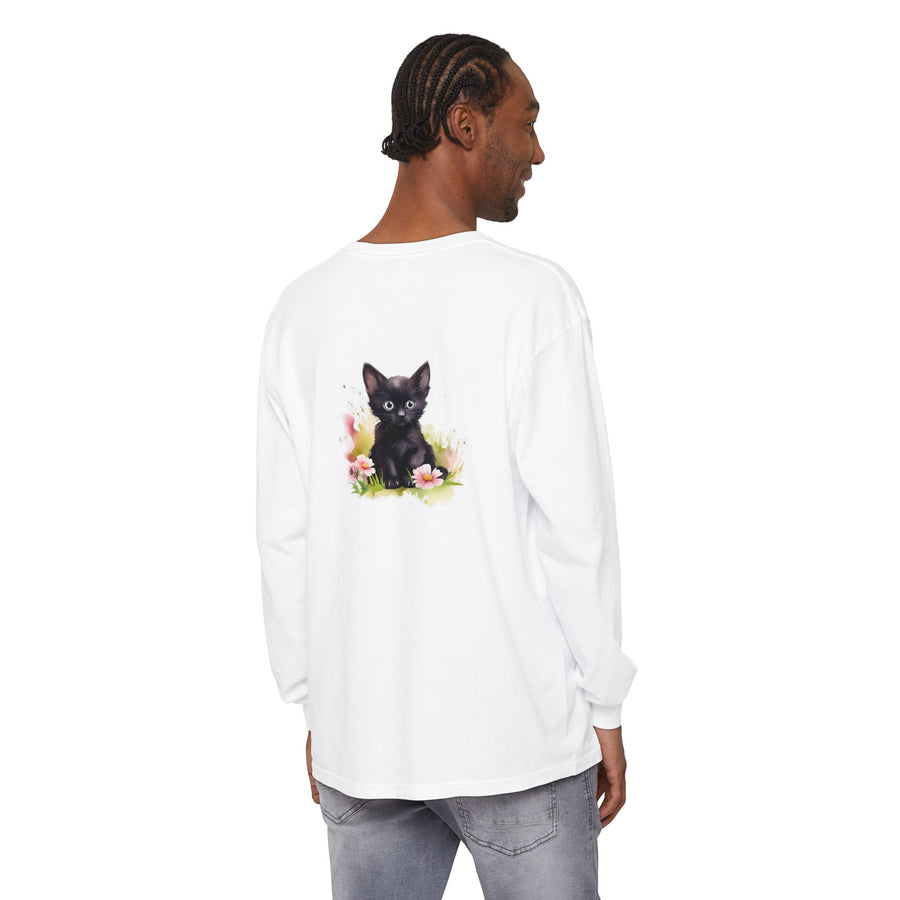 Full Sleeve Tee | Black Kitten & Pink Flowers