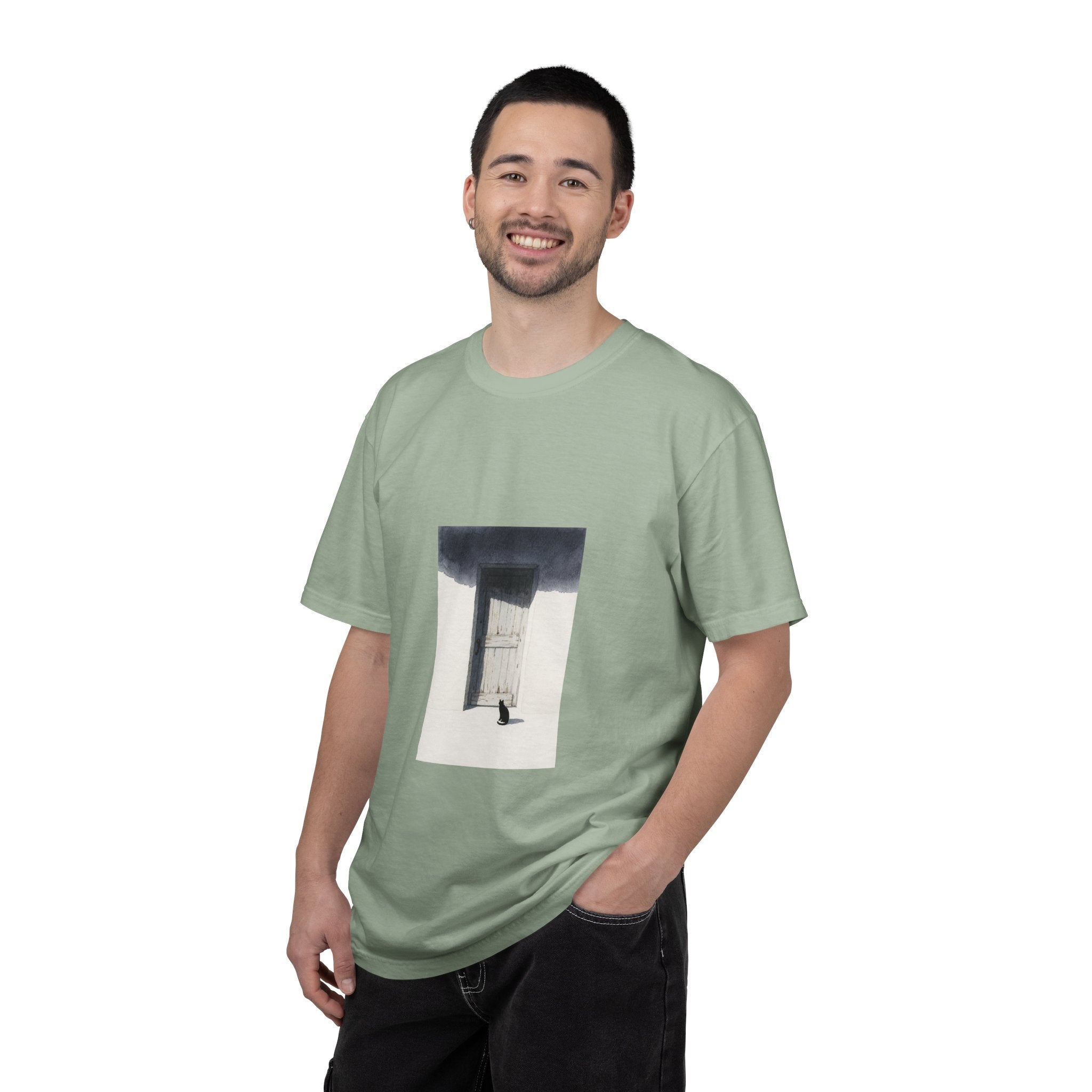 T-Shirt — Minimal Art Cat at Door Graphic Tee