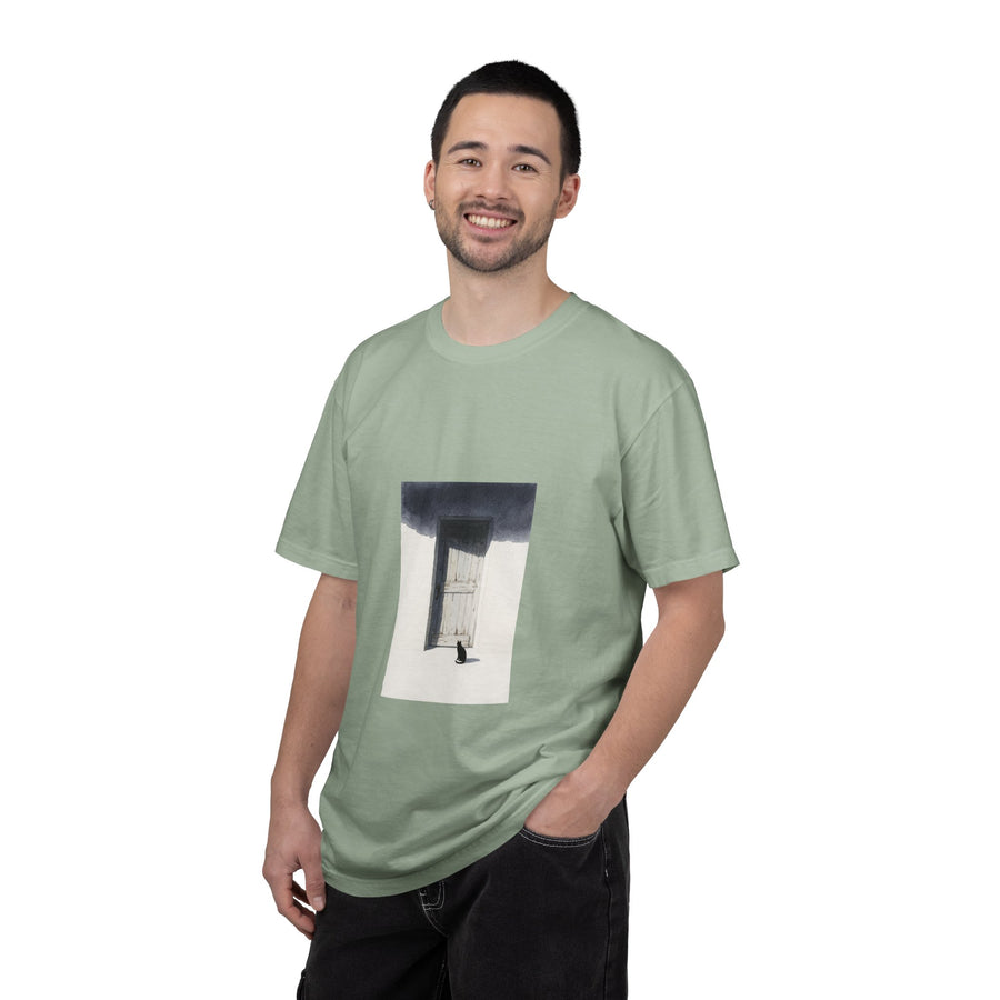 T-Shirt — Minimal Art Cat at Door Graphic Tee