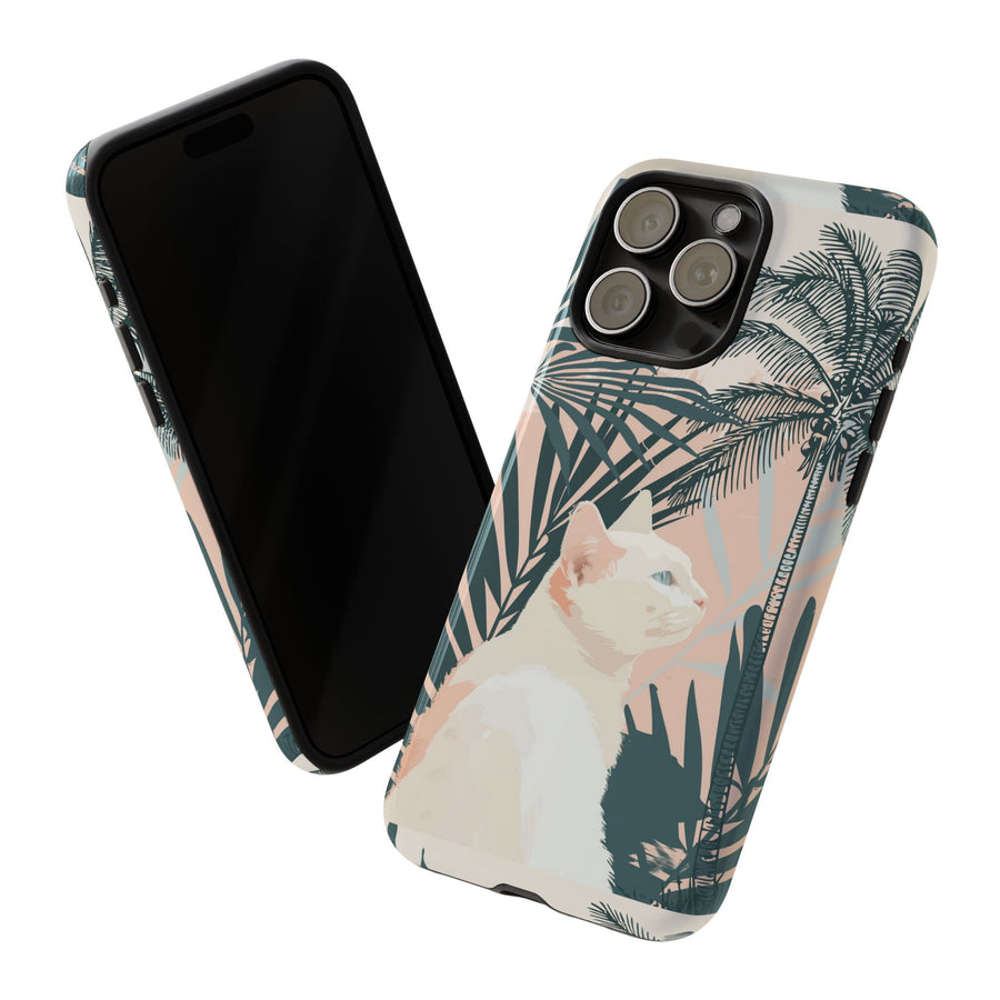 Tropical Cat Phone Case with Lush Palm Motifs and Soft Pastels