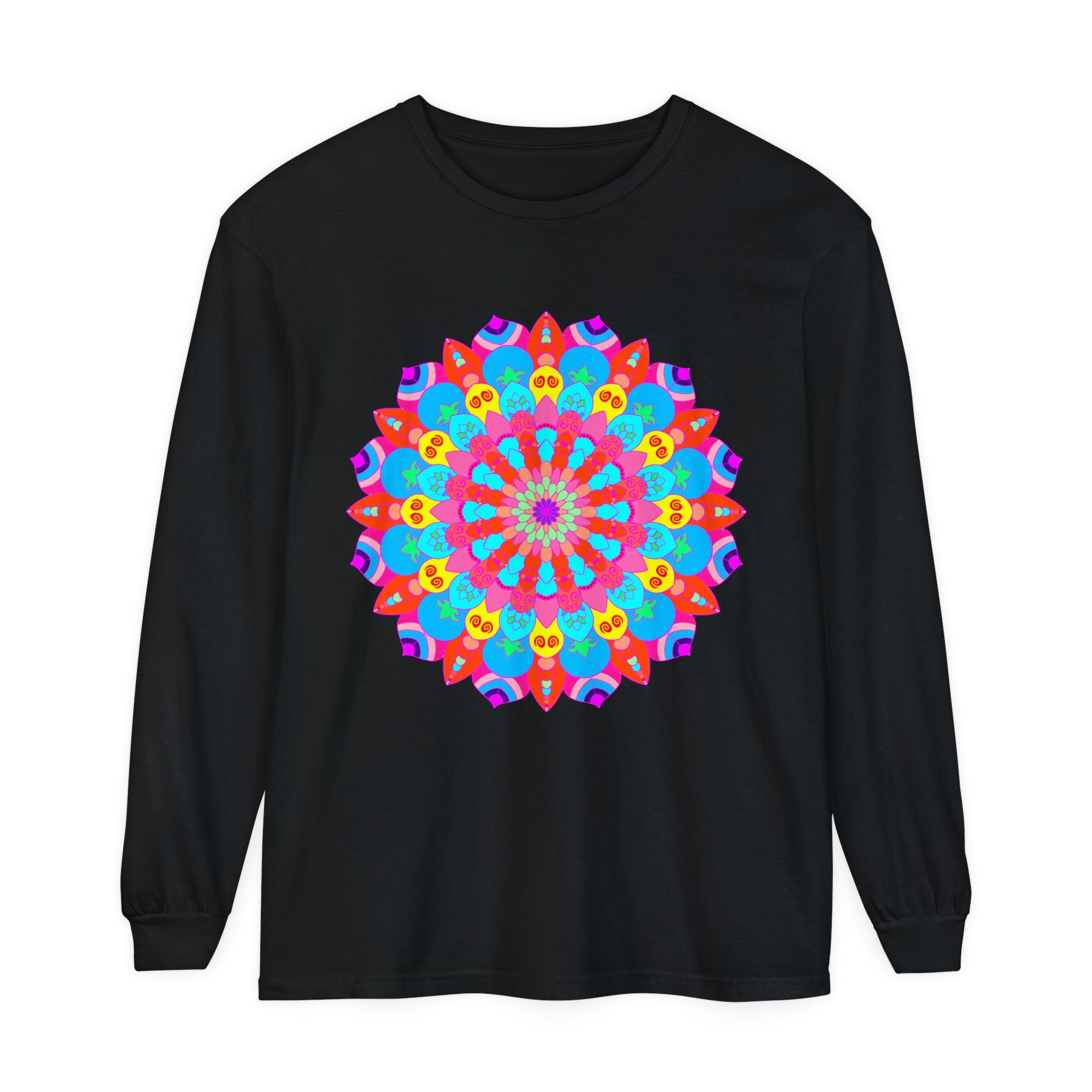 Colorful mandala unisex long sleeve t-shirt featuring intricate, vibrant design