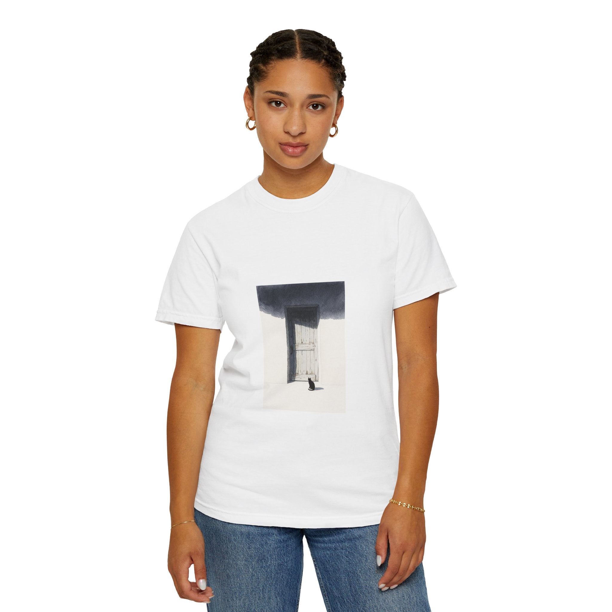 T-Shirt — Minimal Art Cat at Door Graphic Tee