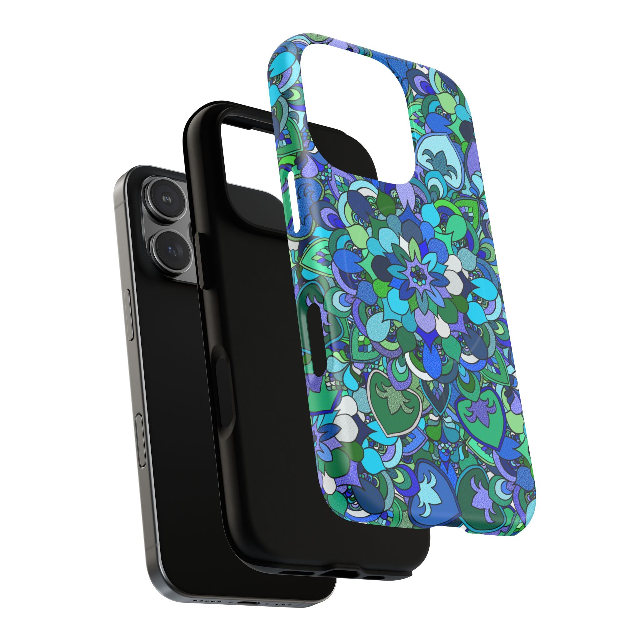 Cover Rigida Magnetica per Telefono con Mandala Floreale — Motivo Blu Verde