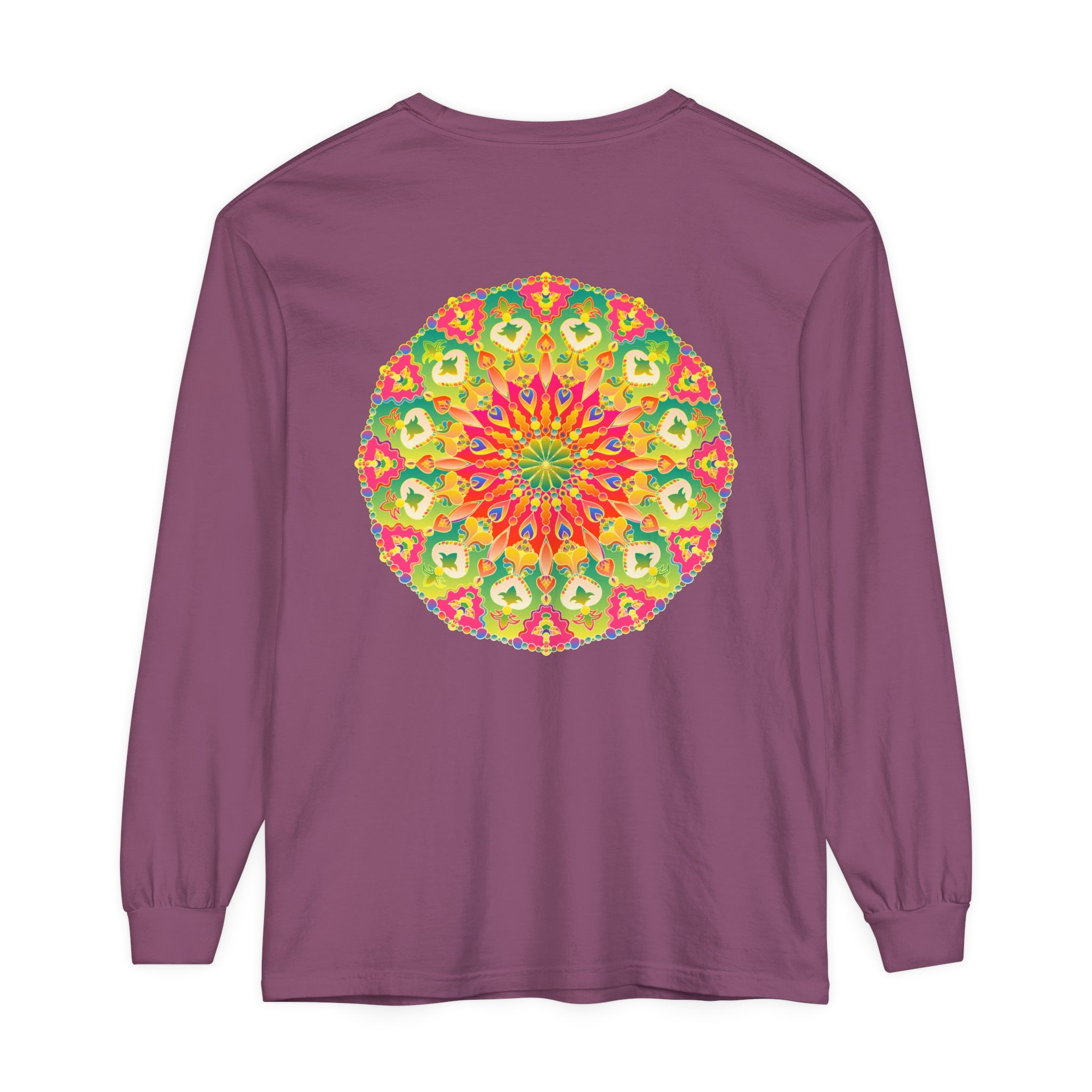 A colorful and detailed long sleeve t-shirt featuring an intricate mandala design